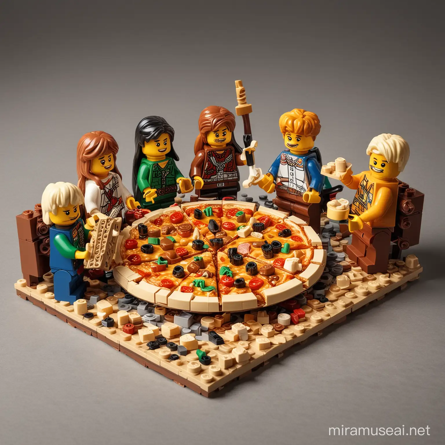 There is a musical group. The member of group are lego characters. They are eating a pizza. The pizza is made by lego pieces. 