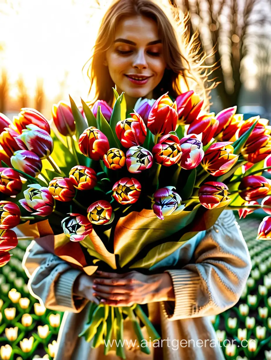 A woman is holding a big bouquet of tulips, the picture is light, there is a sunshine behind her