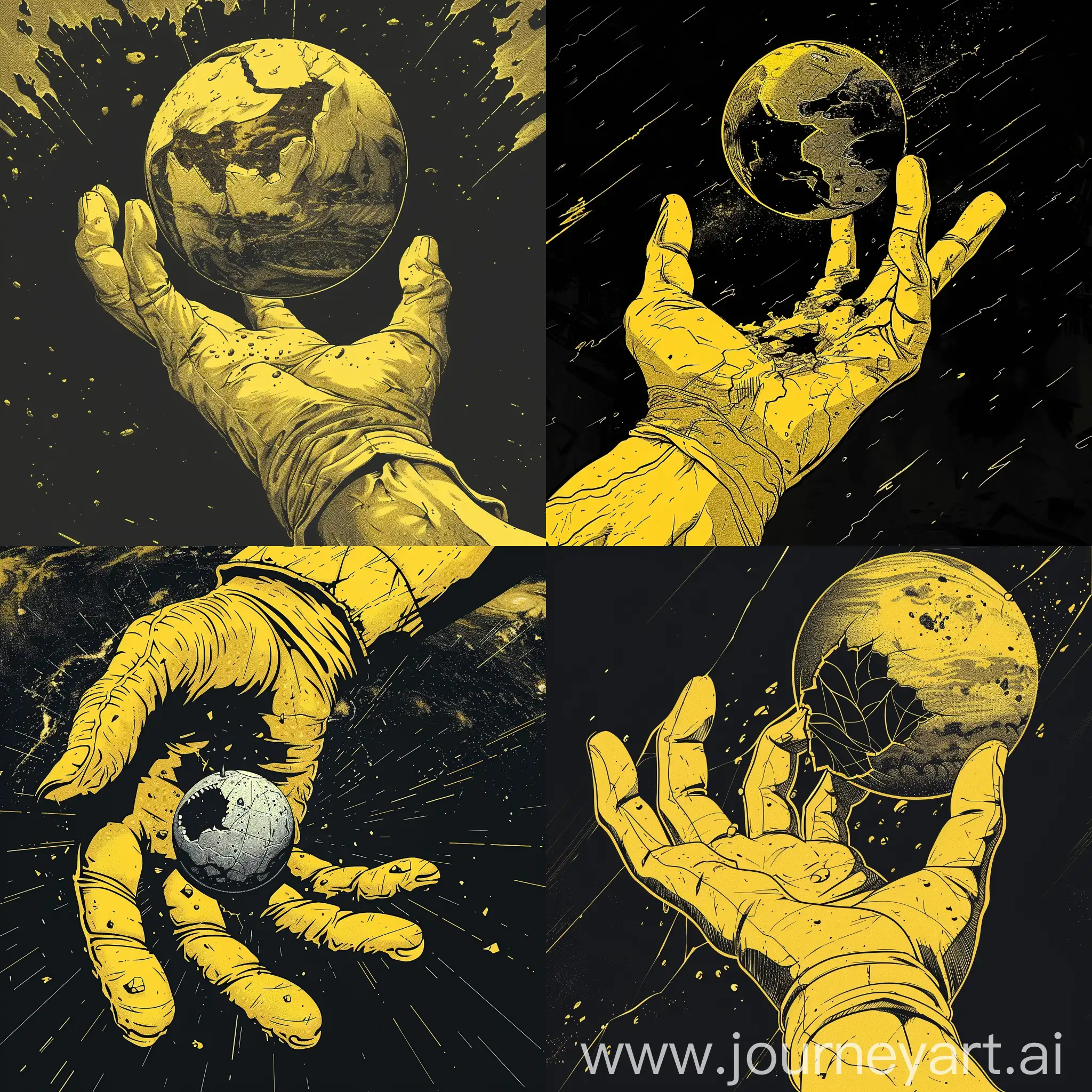 there is a huge  hand grabing a plannet tightly, in style of yellow silhouette, the planet is cracking, slender hand, epic, animation, anime, glove, claw, the planet look likes a small ball in the hand, illustration, masterpiece