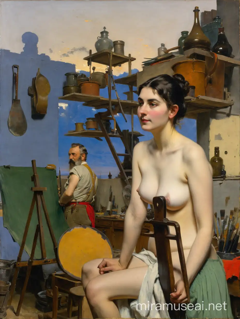 Old Artist Painting with Young Nude Model in Studio