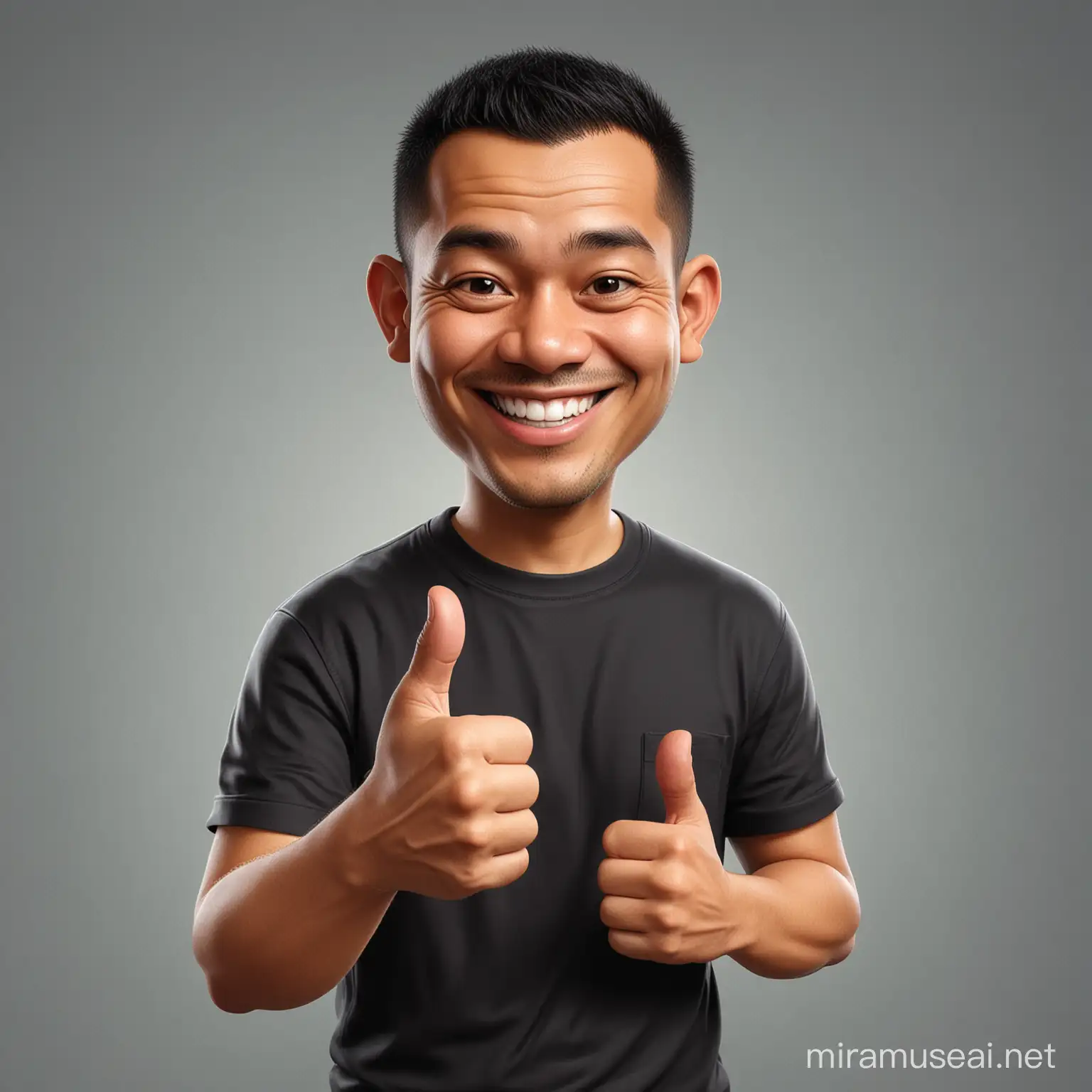 caricature portrait full body, A 39 year old Indonesian man, Neat short hair,buzz cut, Wearing black t-shirt, front view smiling photo, Hand pose giving a thumbs up, realistic.