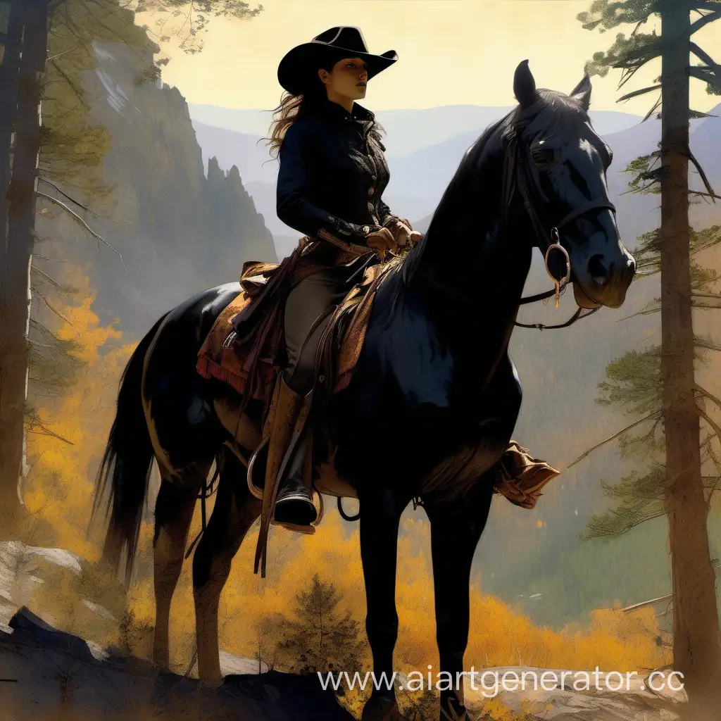 девушка ковбой 19 века на черном коне  во весь рост/  в лесу с видом на горы/ стиль Craig Mullins