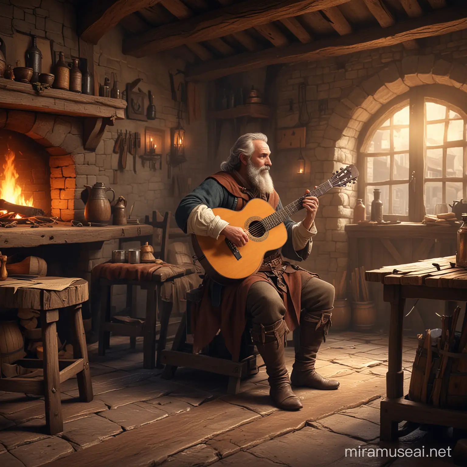 Middle aged bard playing classical guitar in medieval tavern by the hearth  concept art
