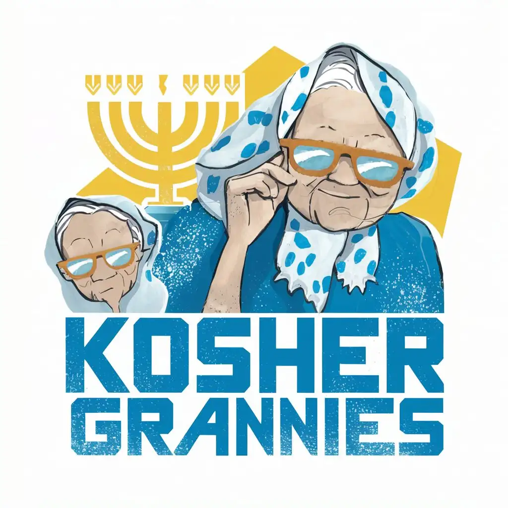 LOGO-Design-For-Kosher-Grannies-Vibrant-Yellow-Blue-with-Israeli-Headscarves-and-Menorah