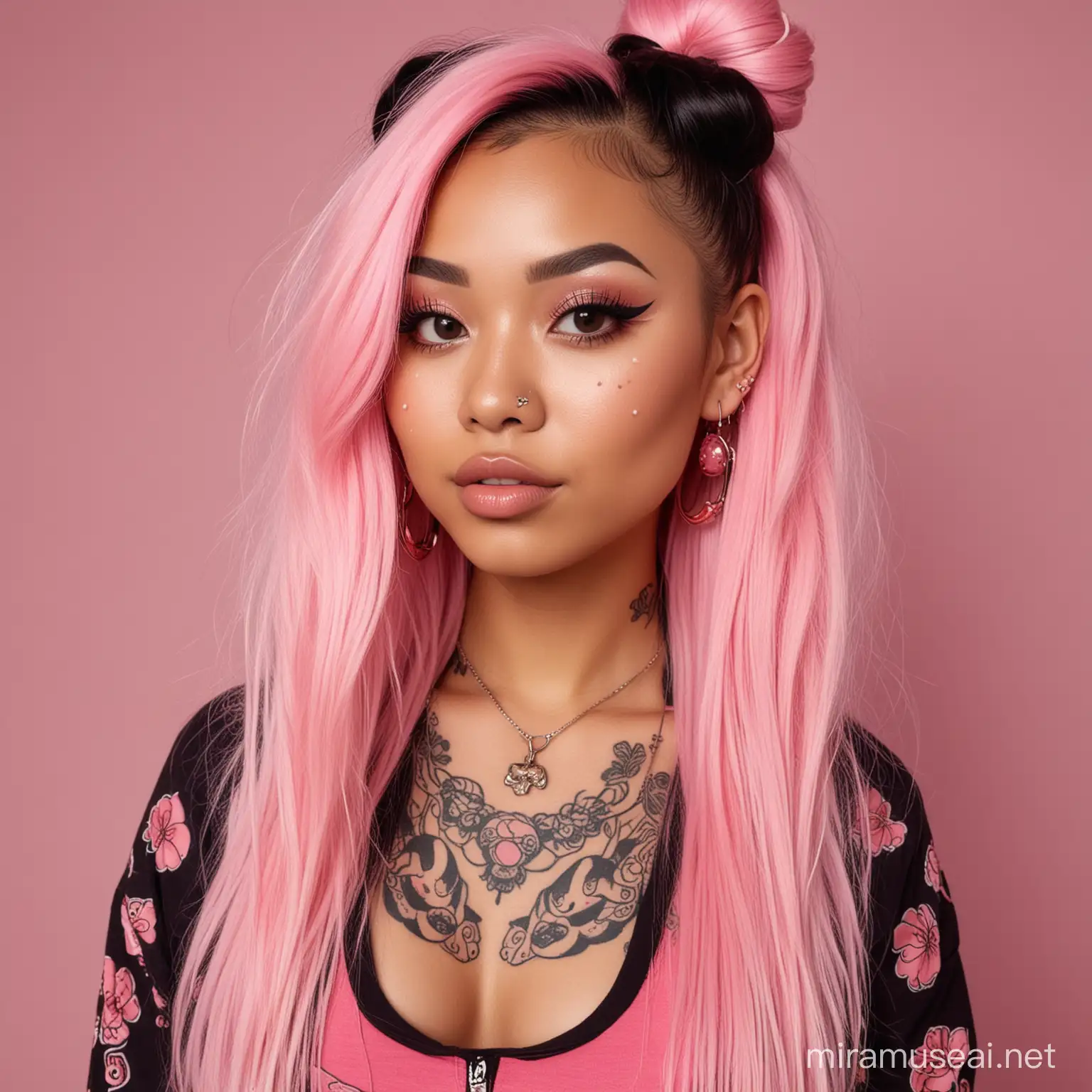 A beautiful blasian woman with a warm honey skin tone, with long, full black and pink hair. She has a septum piercing and small gauges in her ears.She has thick body figure and is wearing modern kawaii clothing. She has lots of tattoos and is celebrating the lunar new year