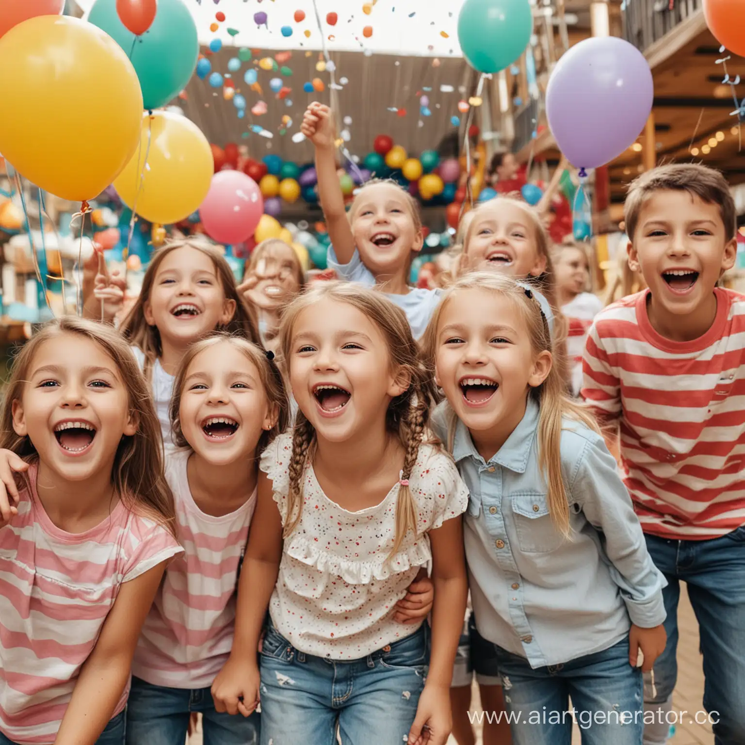 Фото счастливых детей на детской игровой площадке в торговом центре, они отмечают день рождения, смеются и улыбаются, вокруг много украшений и шаров