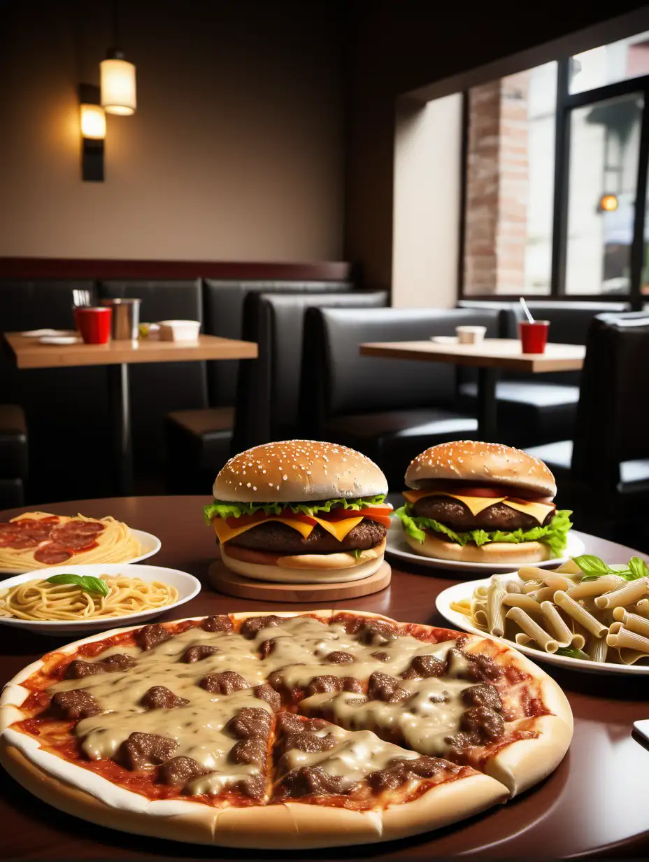 restaurant table with Hamburger, cheeseburger, pizza and pasta, side view