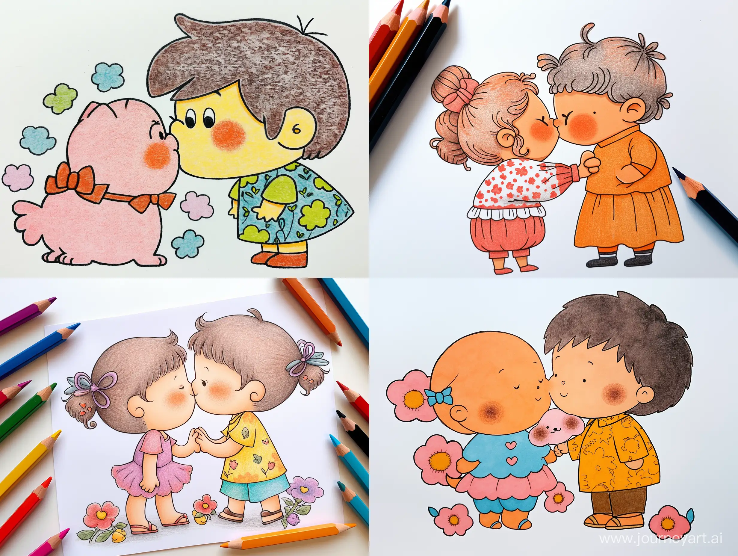 kids hand drawing style of a doodle drawing figures, a couple kissing,  valentines theme, pencil kids drawings, minimalistic, vivid colors, colorful, based on the stile of Bubert illustrator, white background --ar 4:3 --s 250 --style expressive --niji 5