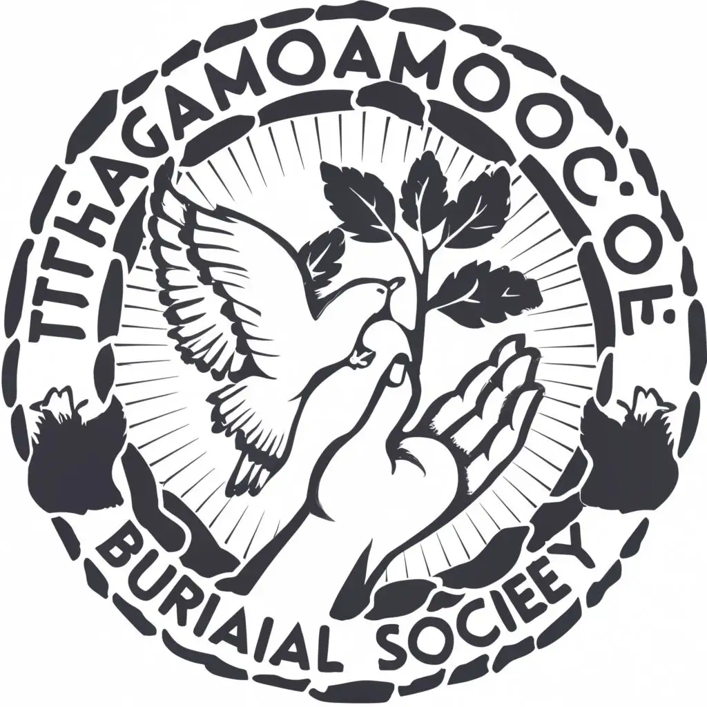 logo, hand, leave and dove, with the text "Thagamoso Burial Society", typography