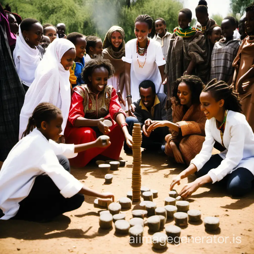 Ethiopian girls and Mans playing old traditional games to gather