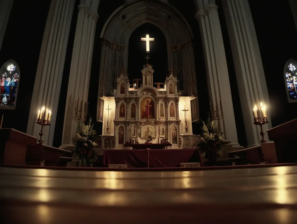 Enchanting Night View of Church Altar from Low Camera Angle