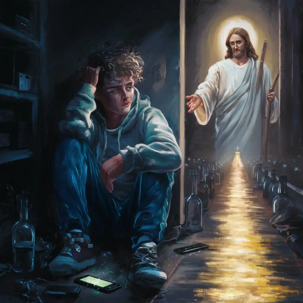 Digital painting of a young adult tempted by the lure of instant gratification through addictive behaviors, with Jesus  guiding them towards finding healing and freedom through faith and self-discipline.