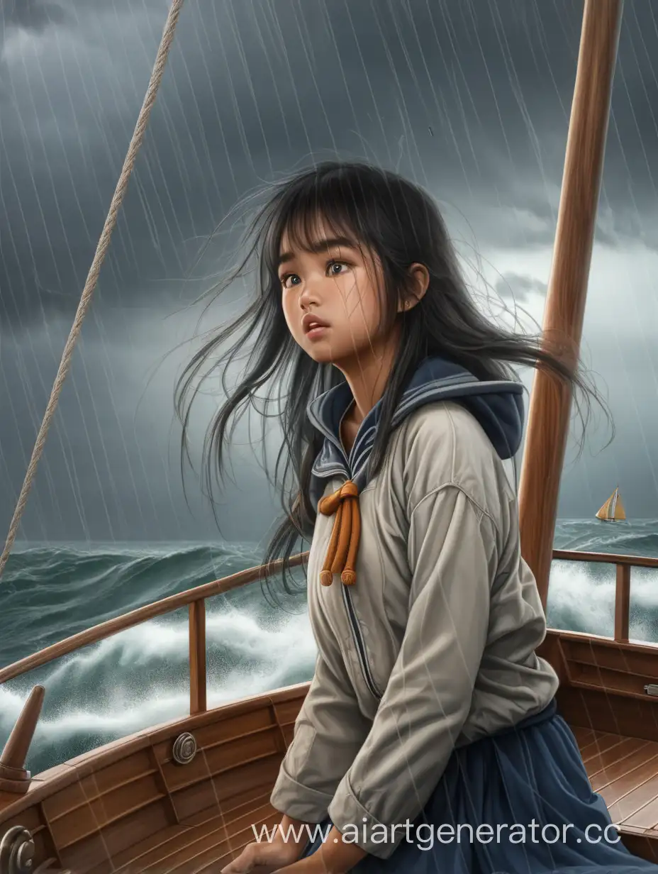 Sailing boat, storm. On the boat is an Asian girl