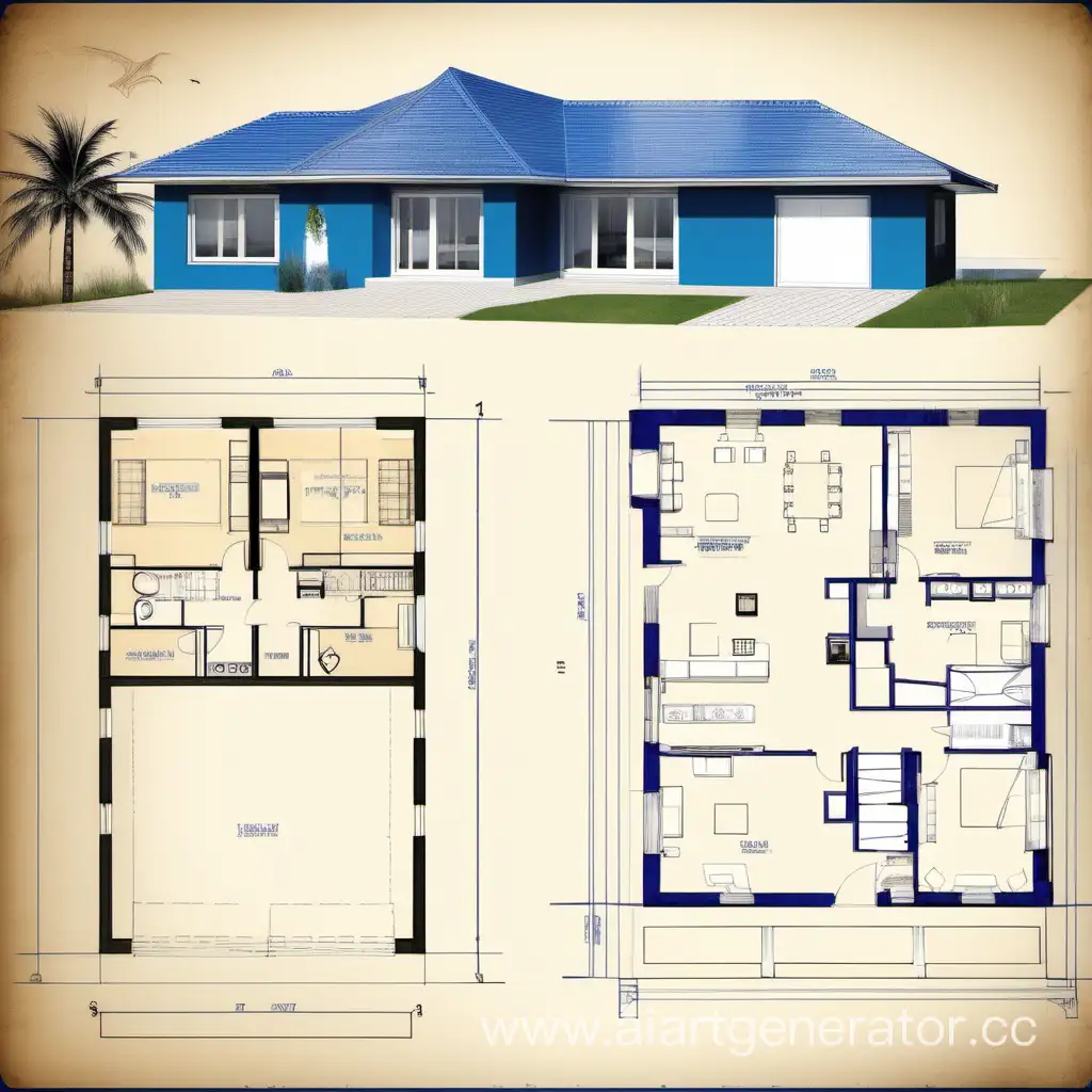 blueprint of the one-storey house on the beach with a terrace and a garage
