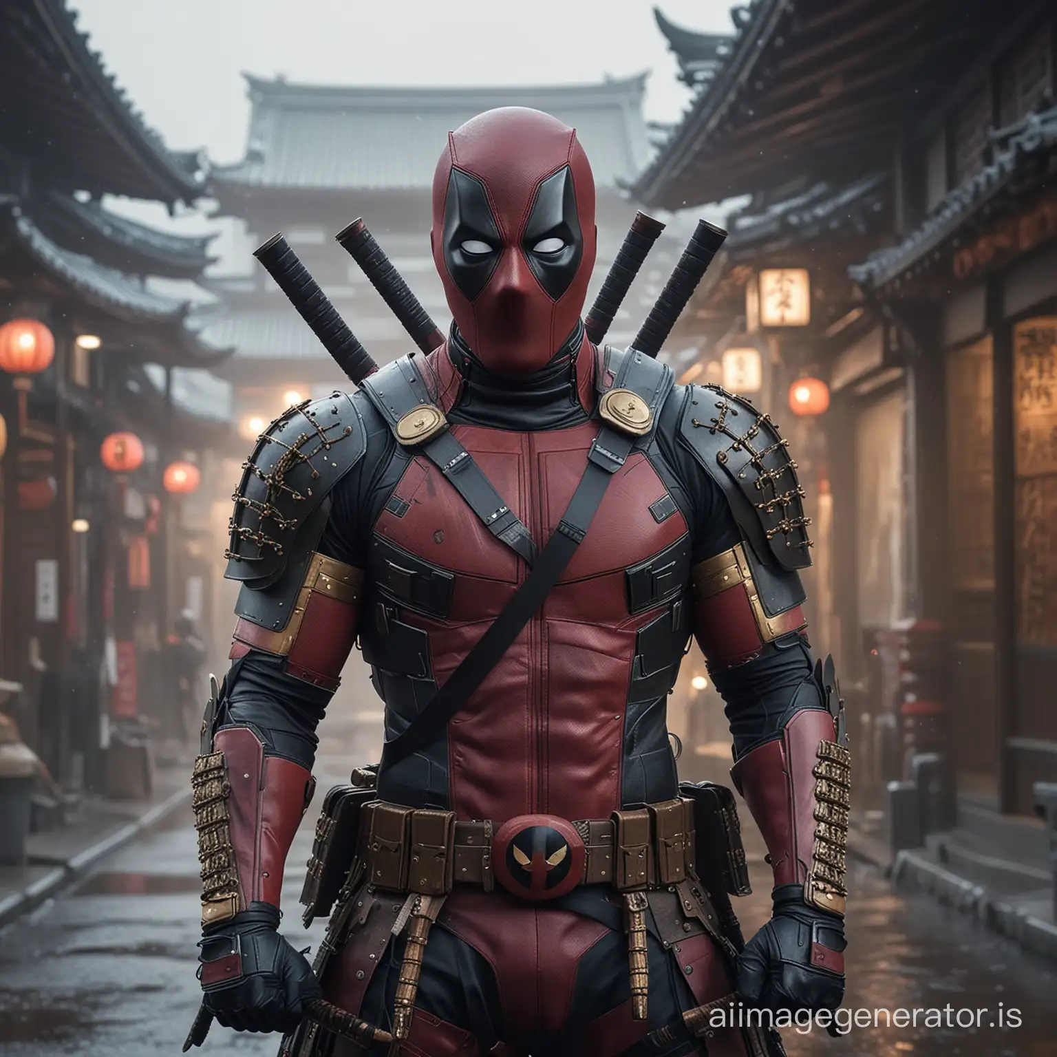 A striking half-body photorealistic image of Deadpool in Japanese samurai armor, with two katanas on his back, looking confidently at the camera. The armor features intricate designs and is adorned with gold accents. The background is a foggy Japanese street with traditional buildings, creating an atmospheric and mysterious atmosphere. The photography is captured in 18K quality, showcasing the details of the armor and the environment., photoreistic.