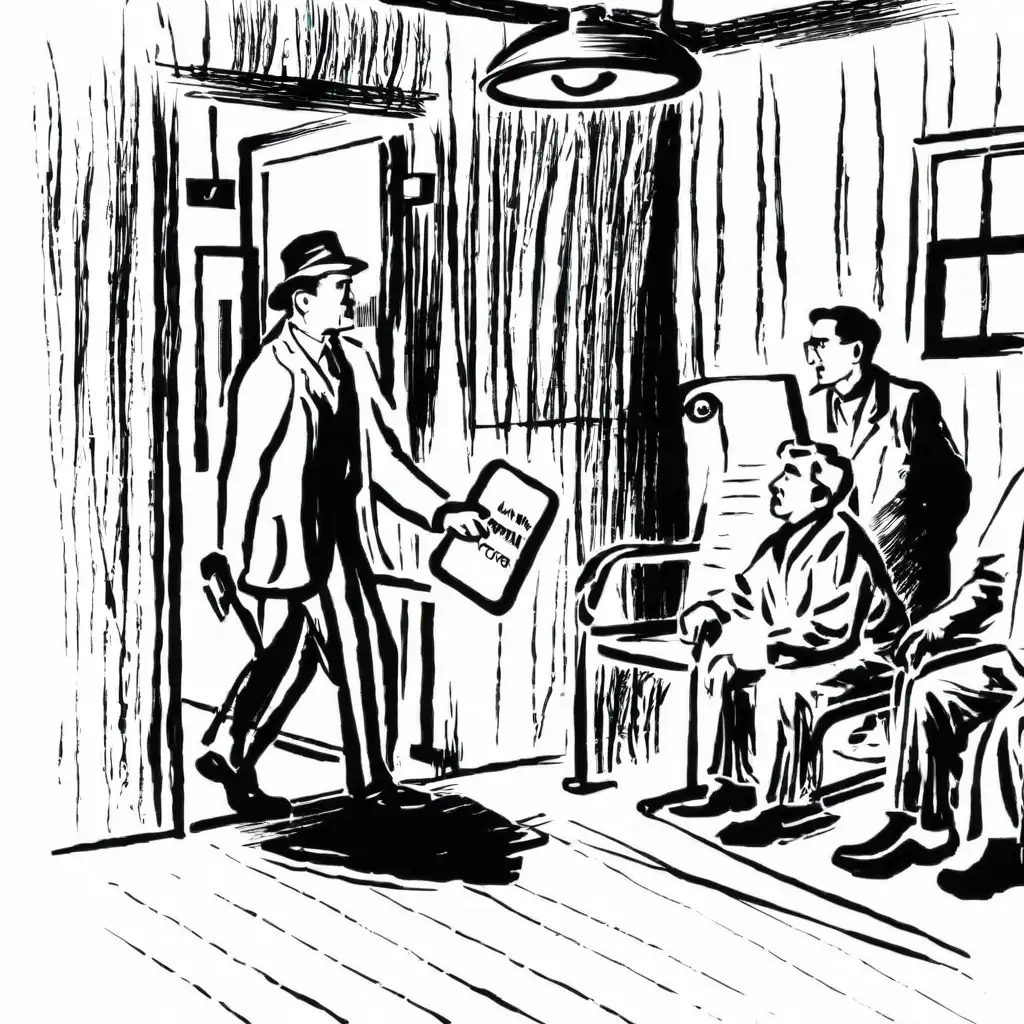  a male patient leaving a doctor's; other patients waiting on a bench 