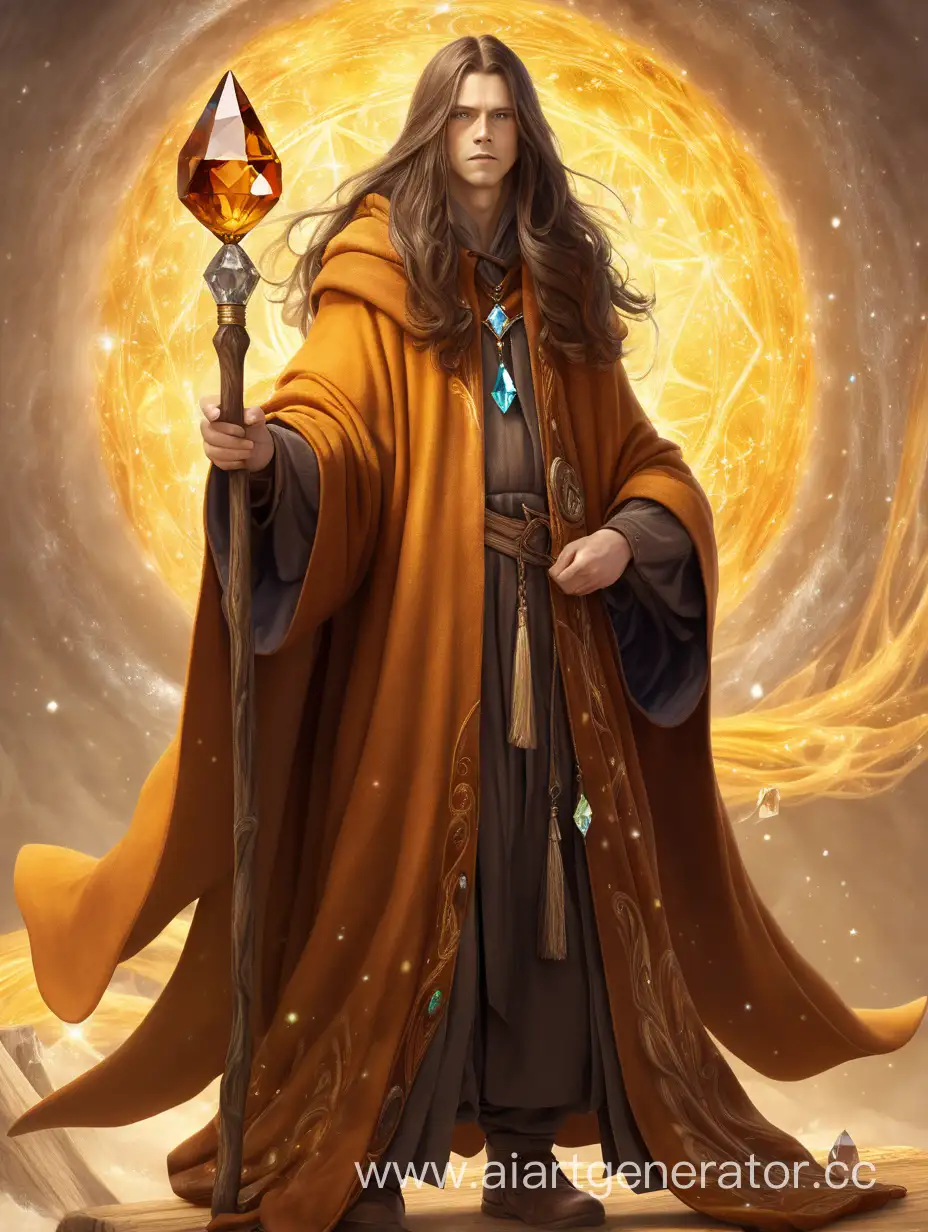  маг человек молодой в мантии янтарного цвета с длинными волосами и посохом из дерева с кристаллом внутри