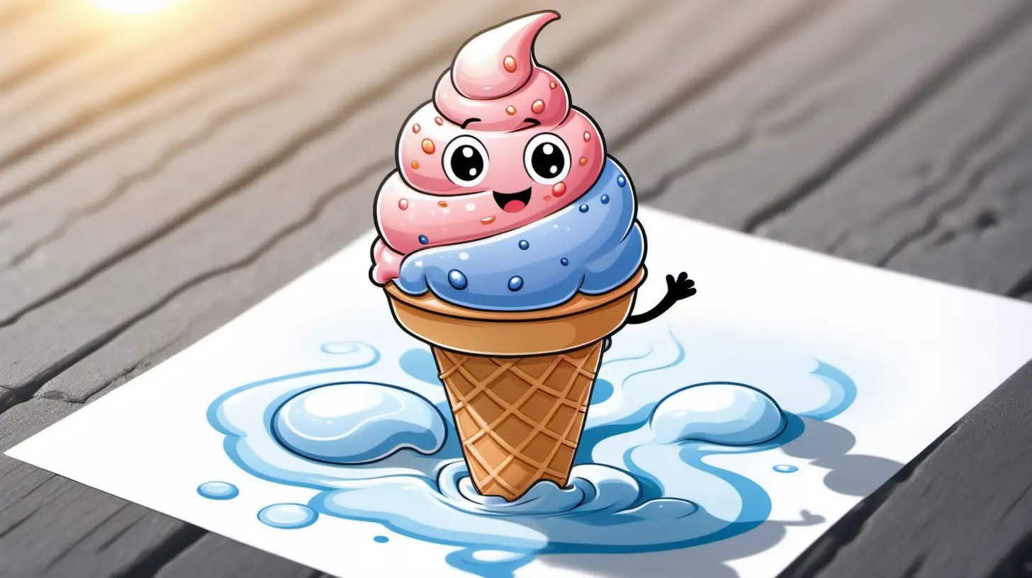 In the hot summer. 
Draw the water vapor cartoon figure in the warm air.
Then the water vapor cartoon figure meets the cold ice cream surface.