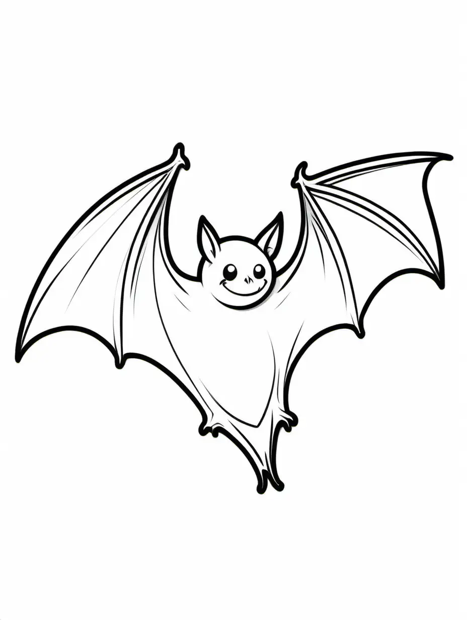 Outline drawing of a bat, line drawing, white background, side view, 2d, simple coloring page, comic book style