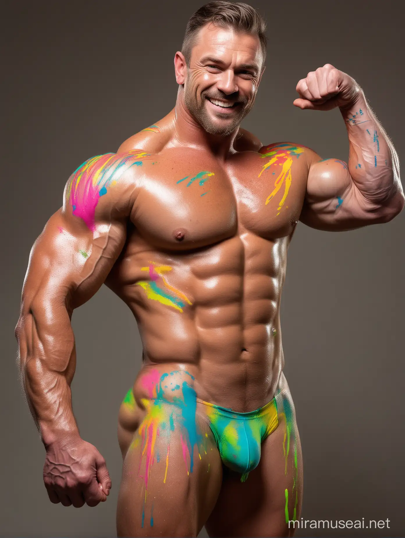 Topless 40s Ultra Beefy Happy Bodybuilder Daddy Glow in the Dark Highlighter Multi BRIGHT Coloured Ink Painted Poured all his body and Flexing his Big Strong Arm