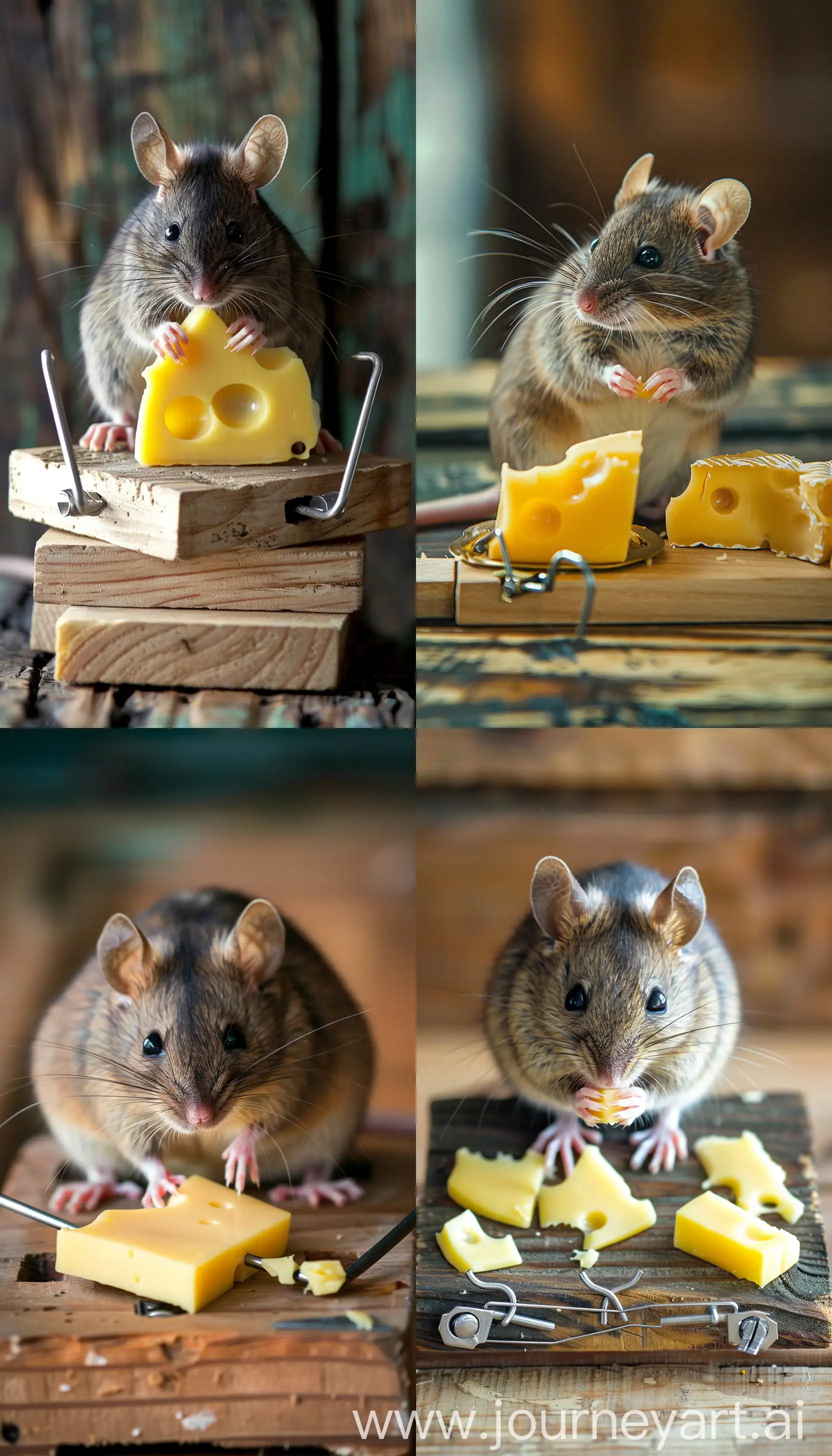 a mouse sitting looking at the cheese in the mousetrap --ar 4:7 --style raw