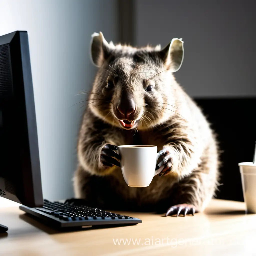 Wombat works at the computer and drinks coffee