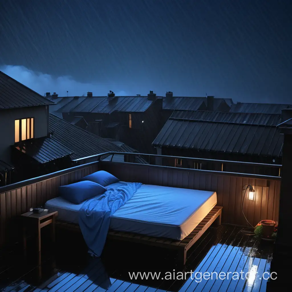 Кровать на крыше дома, ночь, дождь, синий, чёрный
