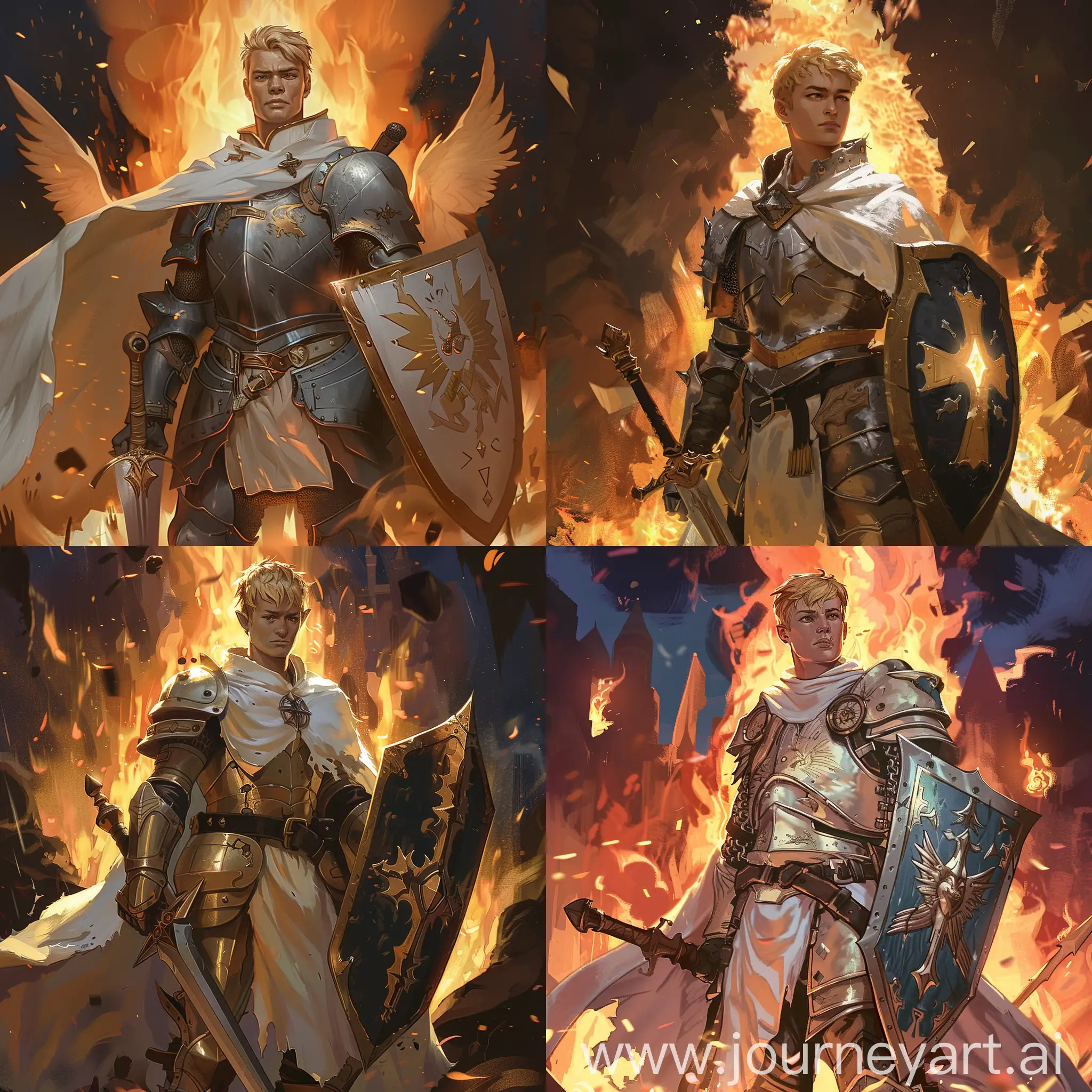 Draw a character from the Dungeons and Dragons universe according to the following description: he is young male, human, with short blond hair, paladin of a light deity, tall, wearing knight's armor with a white cloak, he has a tower shield and a sword, against the backdrop of a large fire in the night
