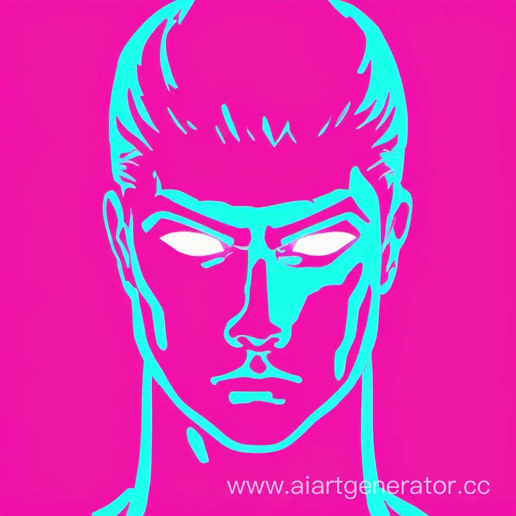 Гатс с неоновым, градиентным сине-розовым фоном в минималистичном стиле где видны только очертания лица