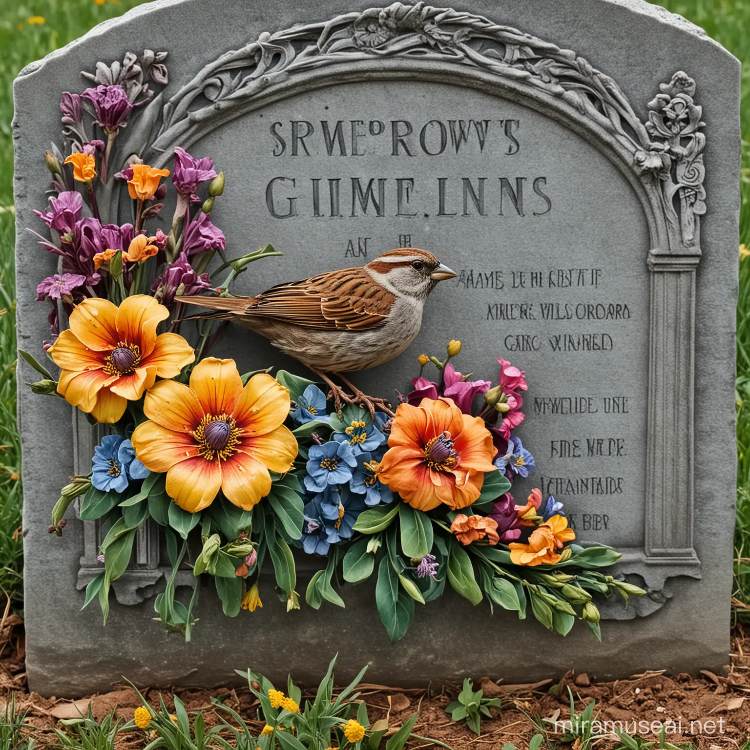 art nouveau style,  sparrow perched on gravestone of gracie givens, colorful, dying flowers