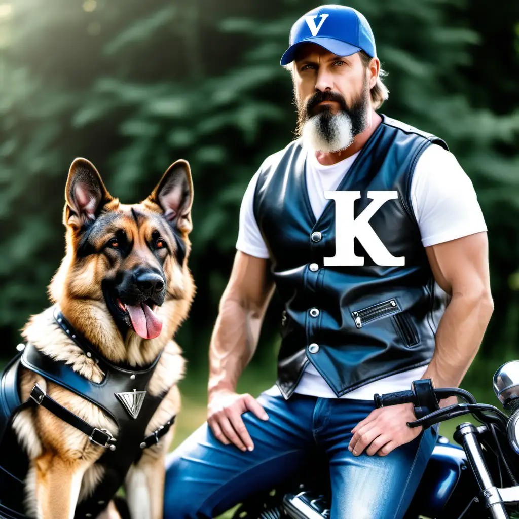 create viking caucasian biker male aged 40 years old with beard in blue leather vest and white shirt and dark blue helmet with engraved V letter together with a german shepherd dog with dark blue cap with letter K