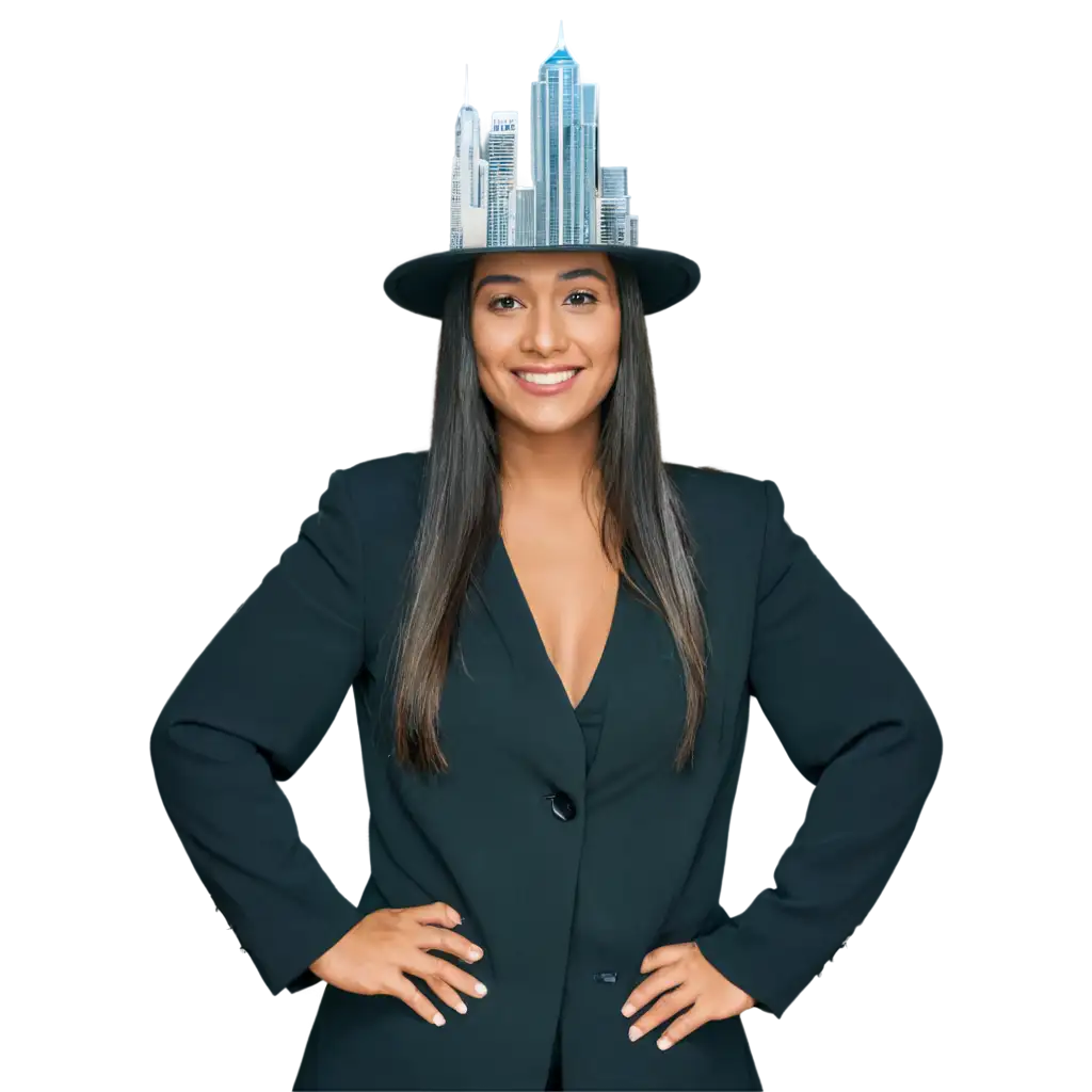 A wooman with hat of skyscrapers and buildings
