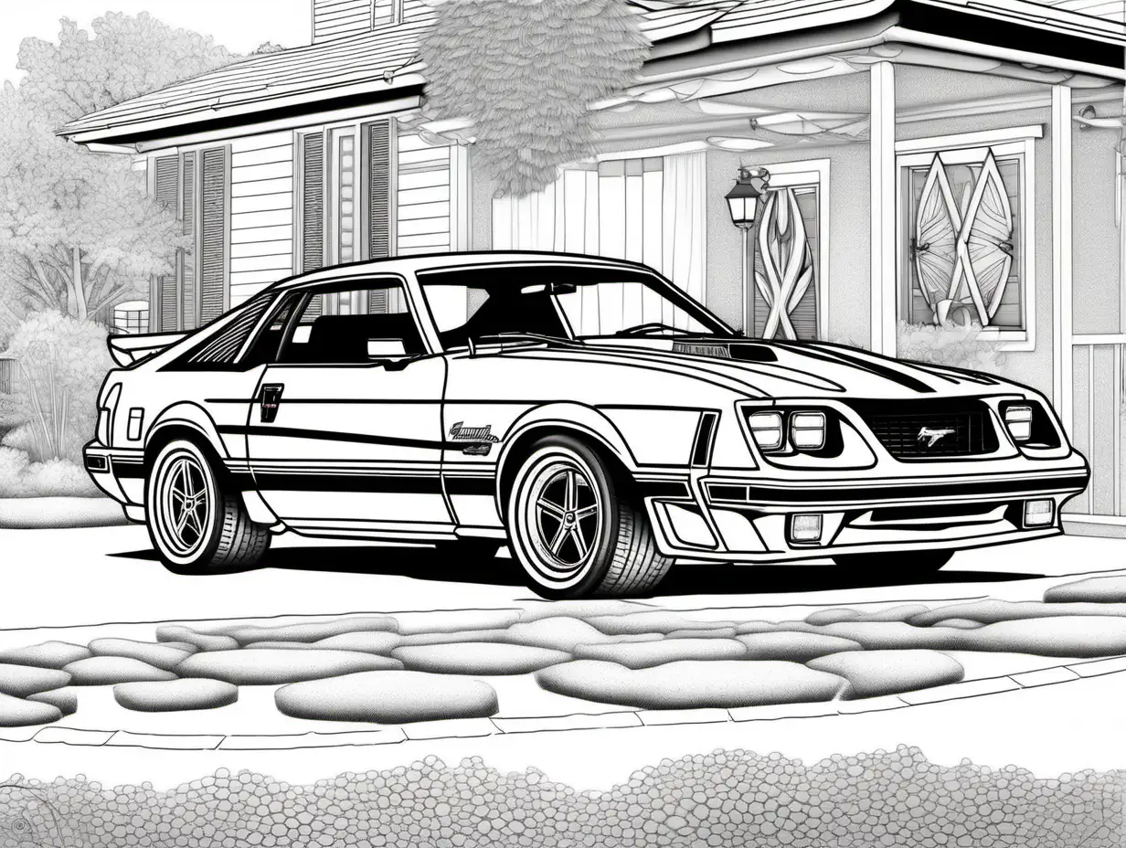 coloring page for adults, classic American automobile, 1979 Ford Mustang Cobra, clean line art, high detail, no shade