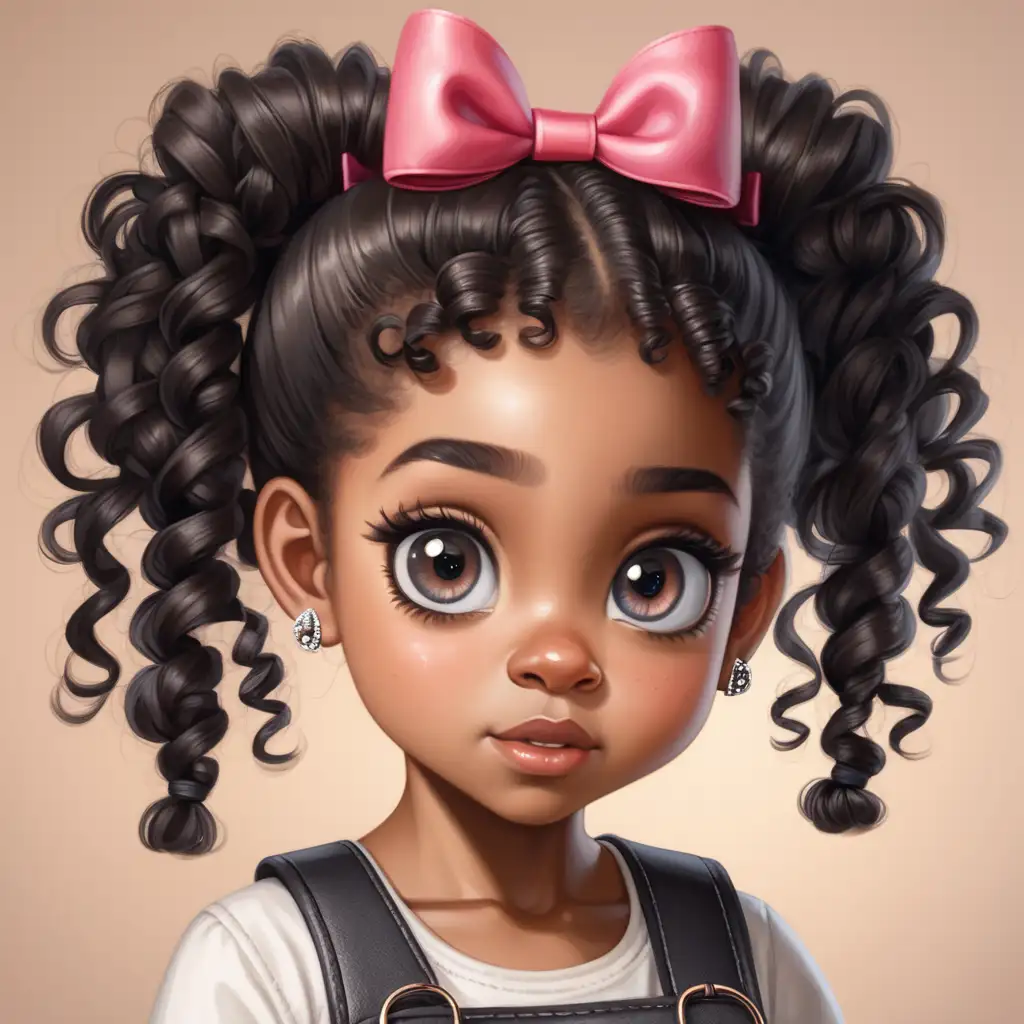 Adorable Little Black Girl with Big Eyes and Curly Hair in Ponytails and Bows