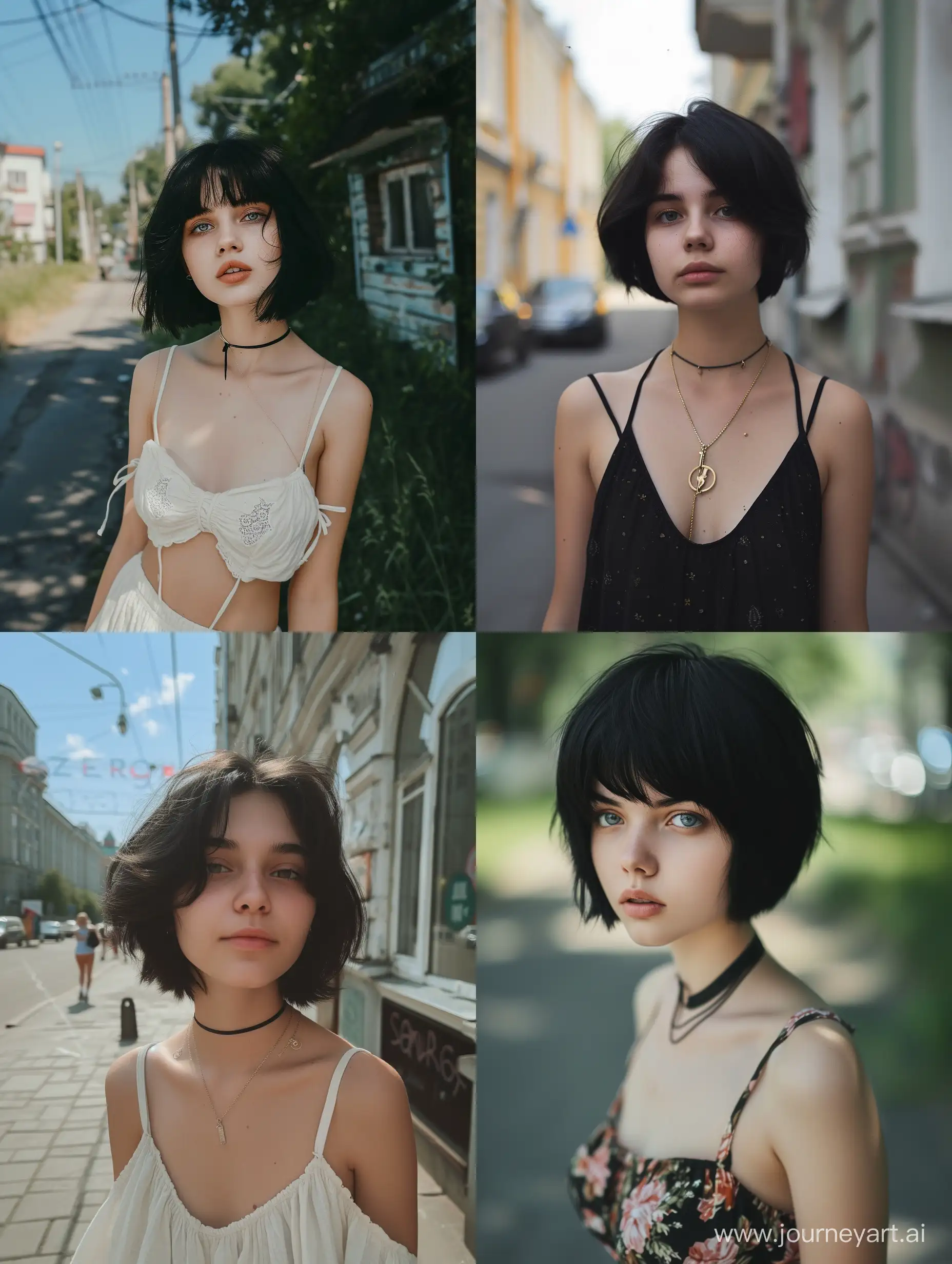 photo full height of a 18 years old russian girl , summer panel street, black short hair, real