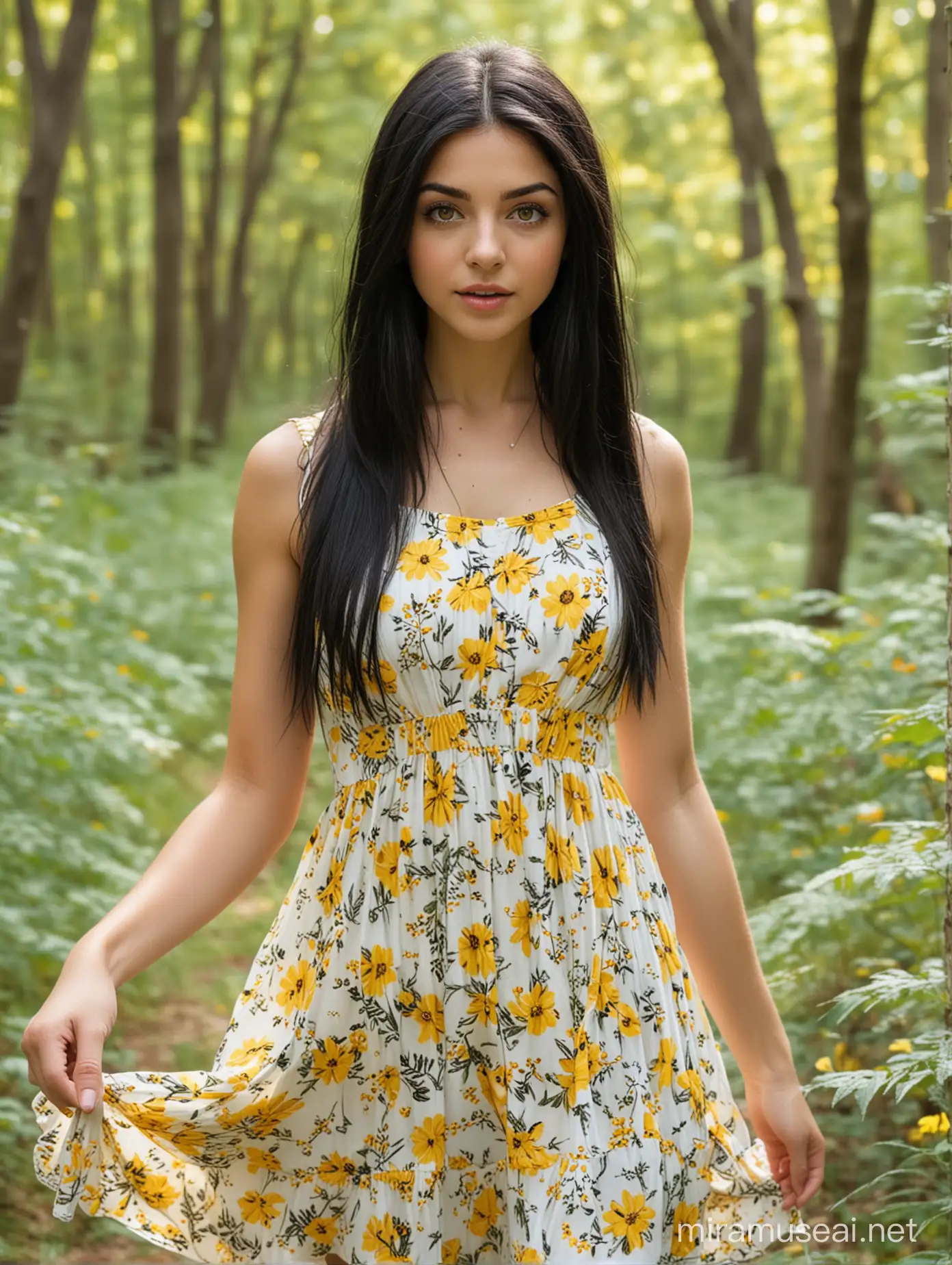 short girl with long black hair hazel eyes in a forest small yellow and white sundress