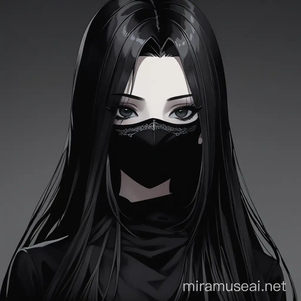 girl with black straight long hair, Gray eyes, wearing a black mask,posing , anime , high quality , gothic, calm , dark background , gothic eyes 