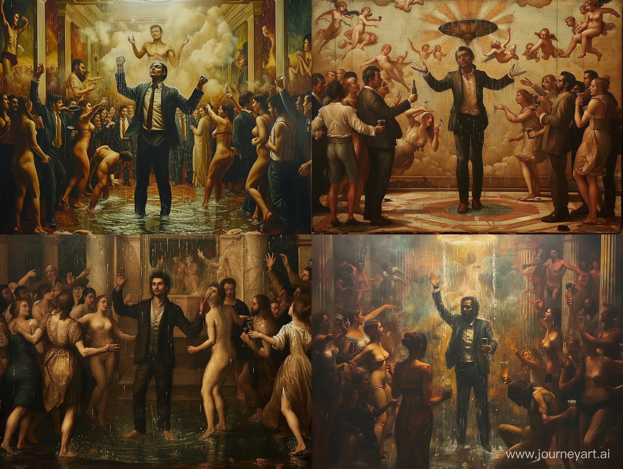 High Renaissance painting, with the man that makes rain standing in the middle, dressed in business suit and people partying around him, michelangelo artstyle, highly detailed