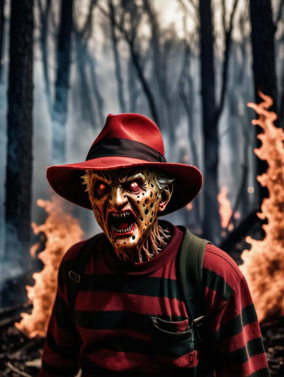 Freddy Krueger in Red Hat Roams Burning Forest Nightmare