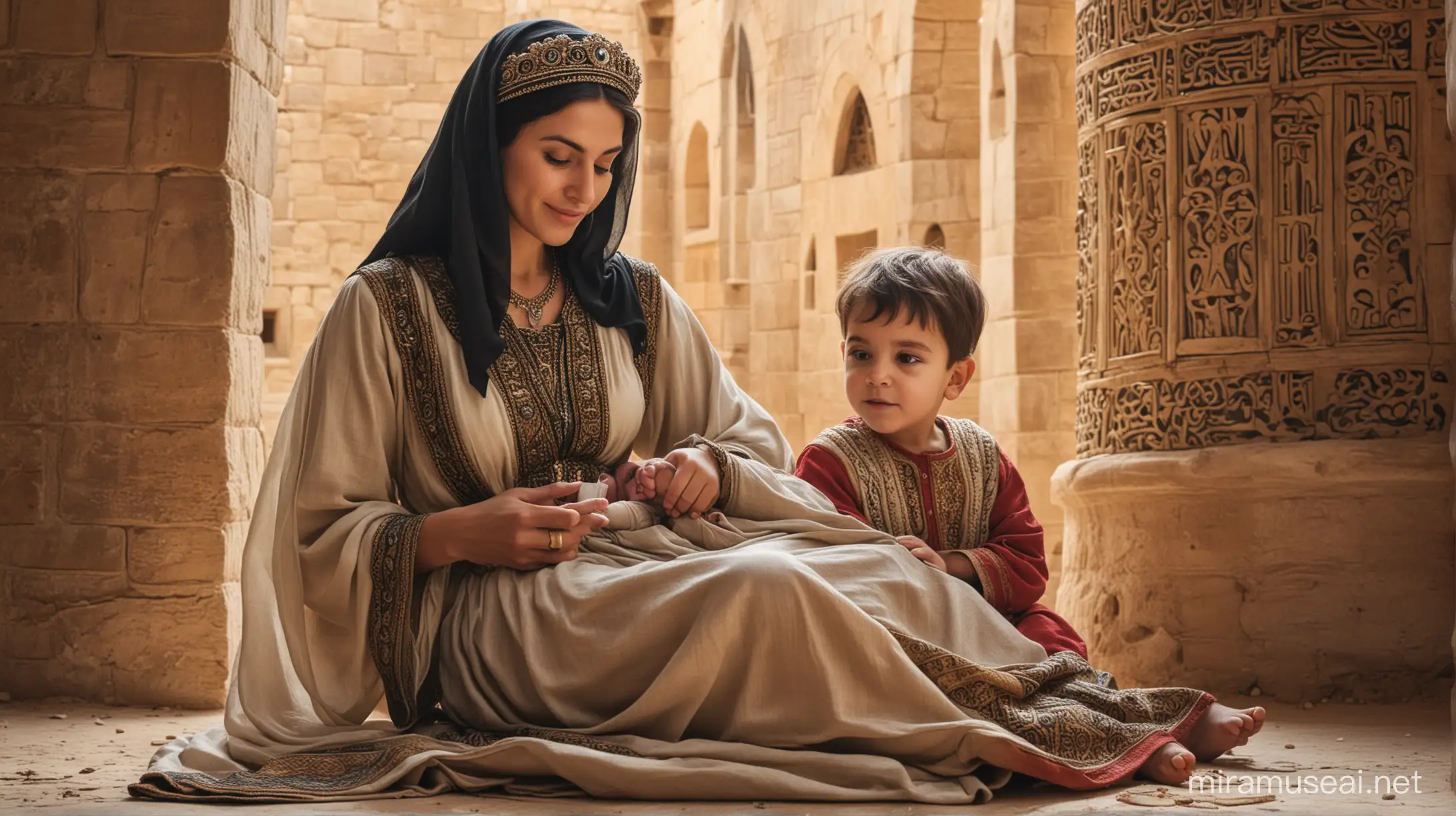 One woman with a male child in lap in mediaeval arab