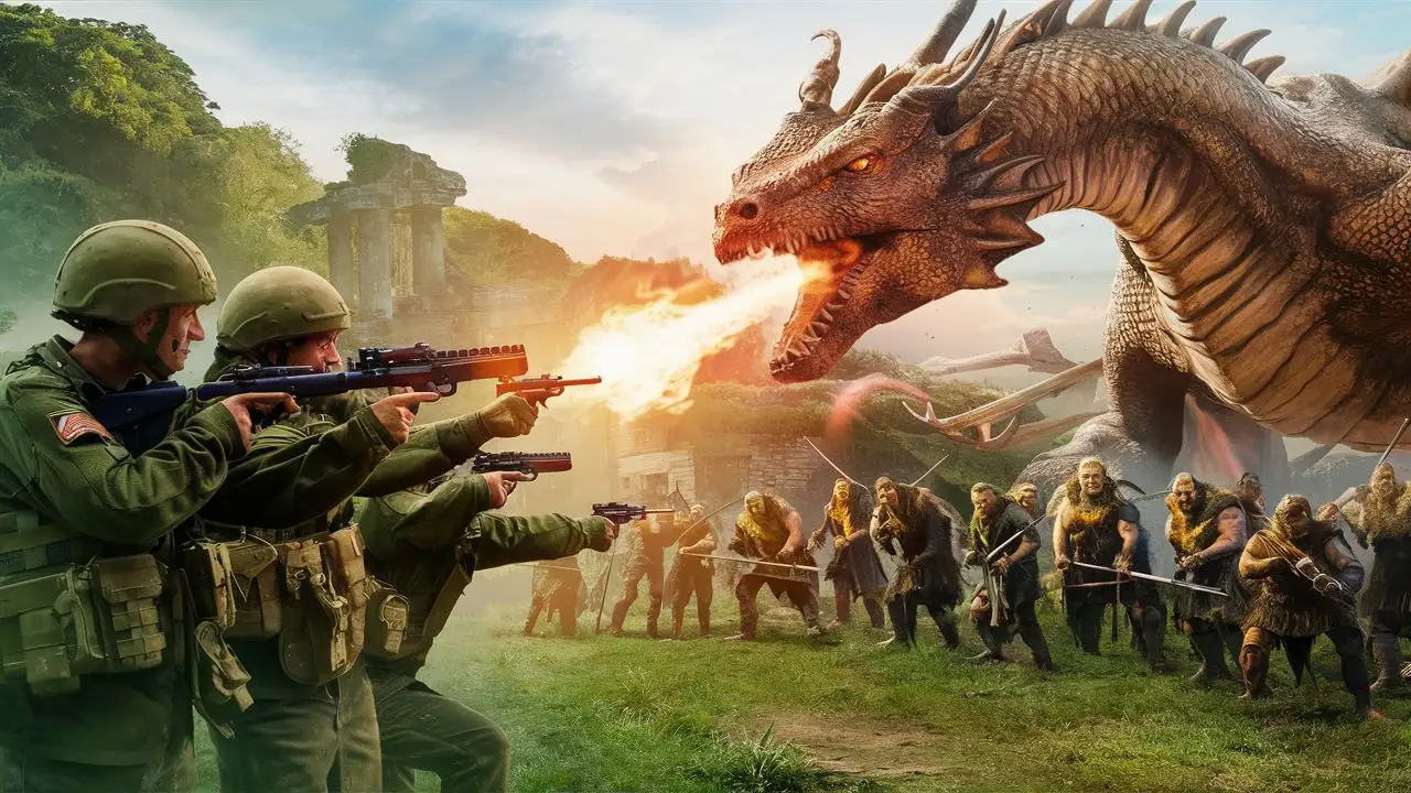 Ultra realistic 4k 3d photographic Double expose of modern day British soldiers pointing weapons at large dragon with orcs behind it in the background 