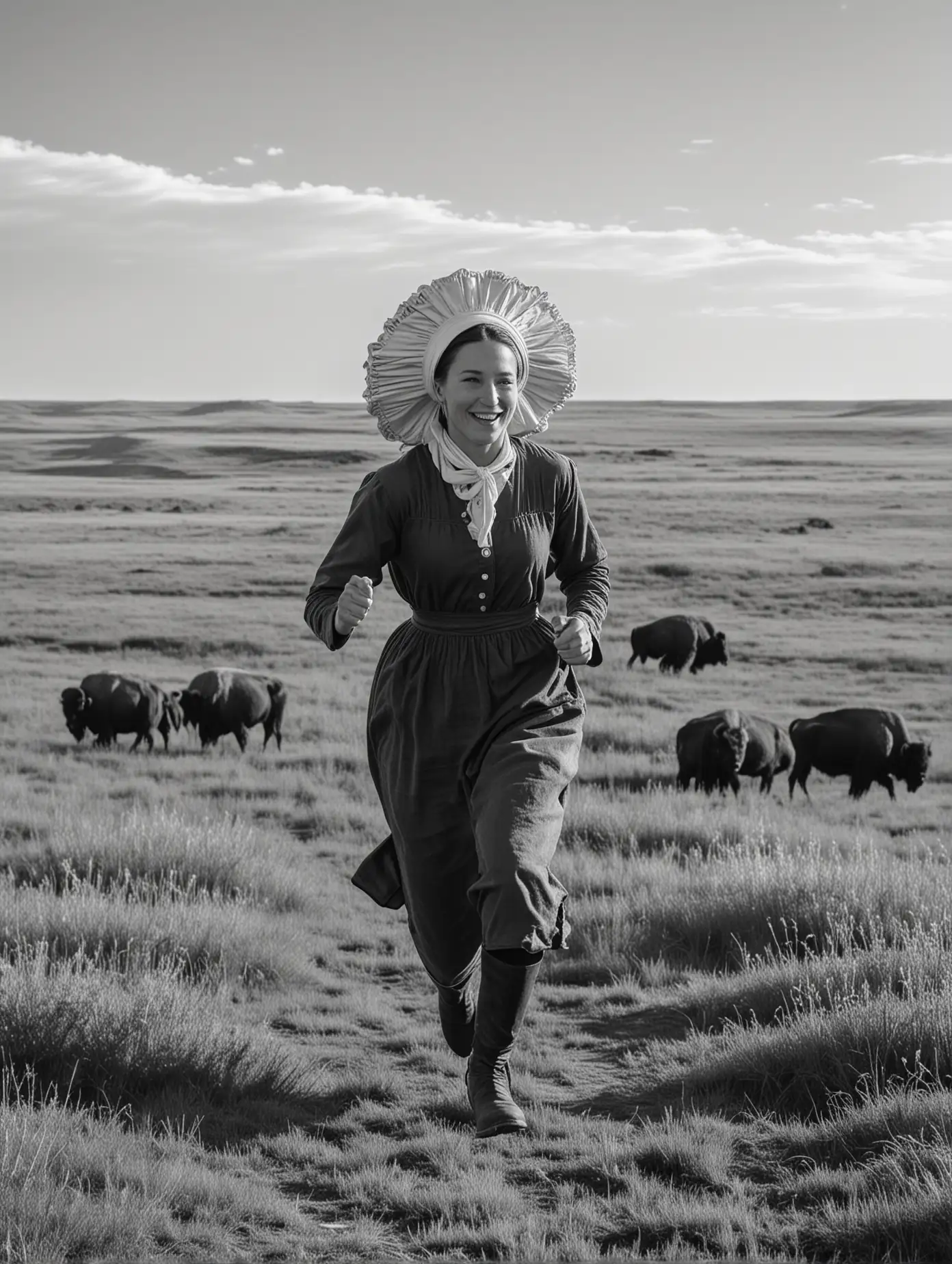 A woman runs through the prairie, arriving at her new land for the first time. She is a pioneer and wears a bonnet. There are buffalo in the background. She is seen from the side. In black and white. 