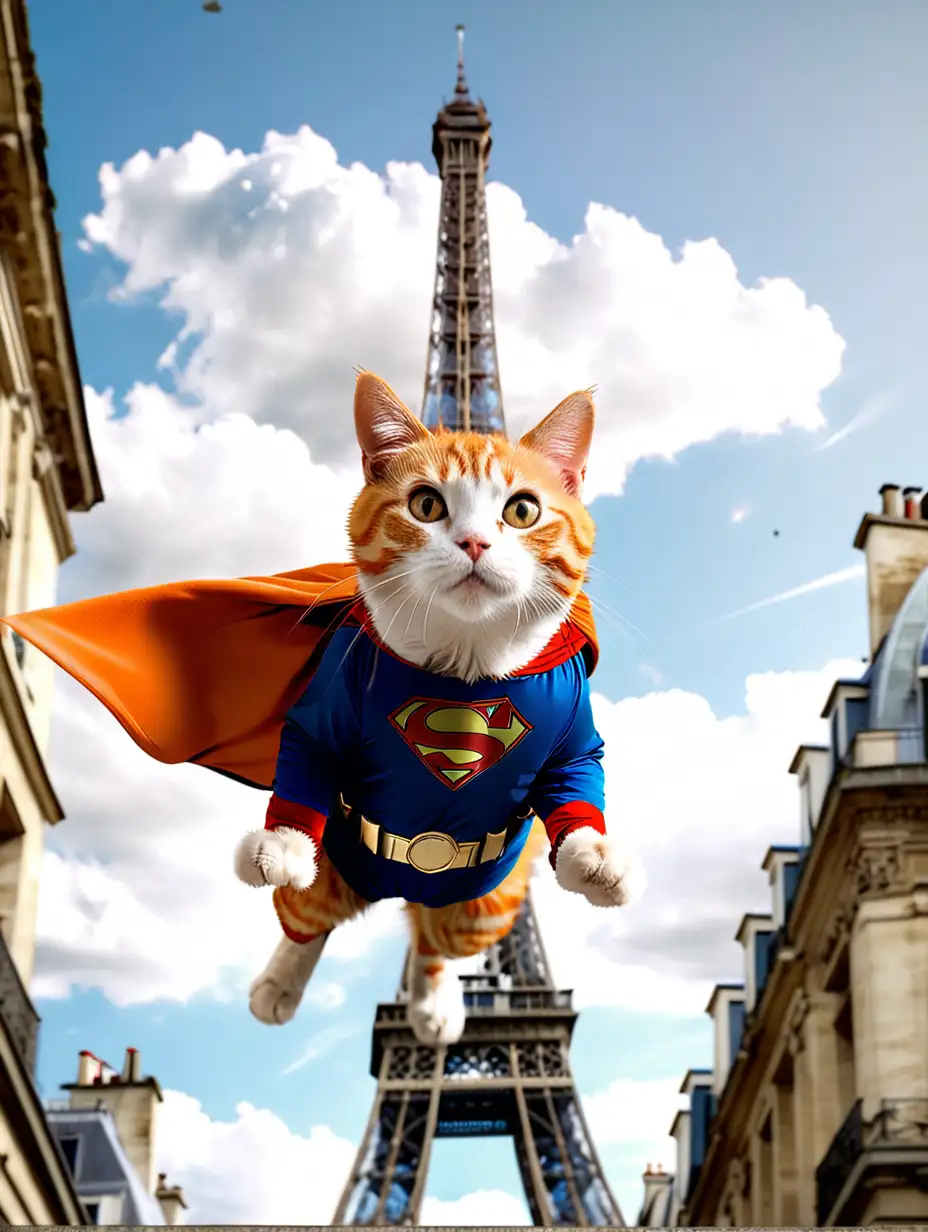 very cute orange cat. wearing a Supermen Costume is flying over the capital city of paris far corner bottom shot. looks overall