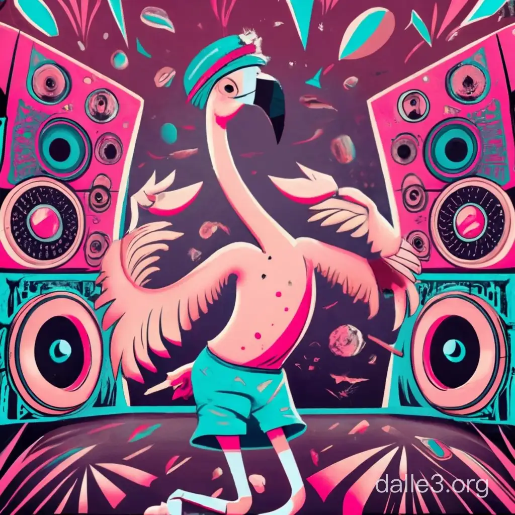 a flamingo dancing in front of a huge sound system to an illegal rave party