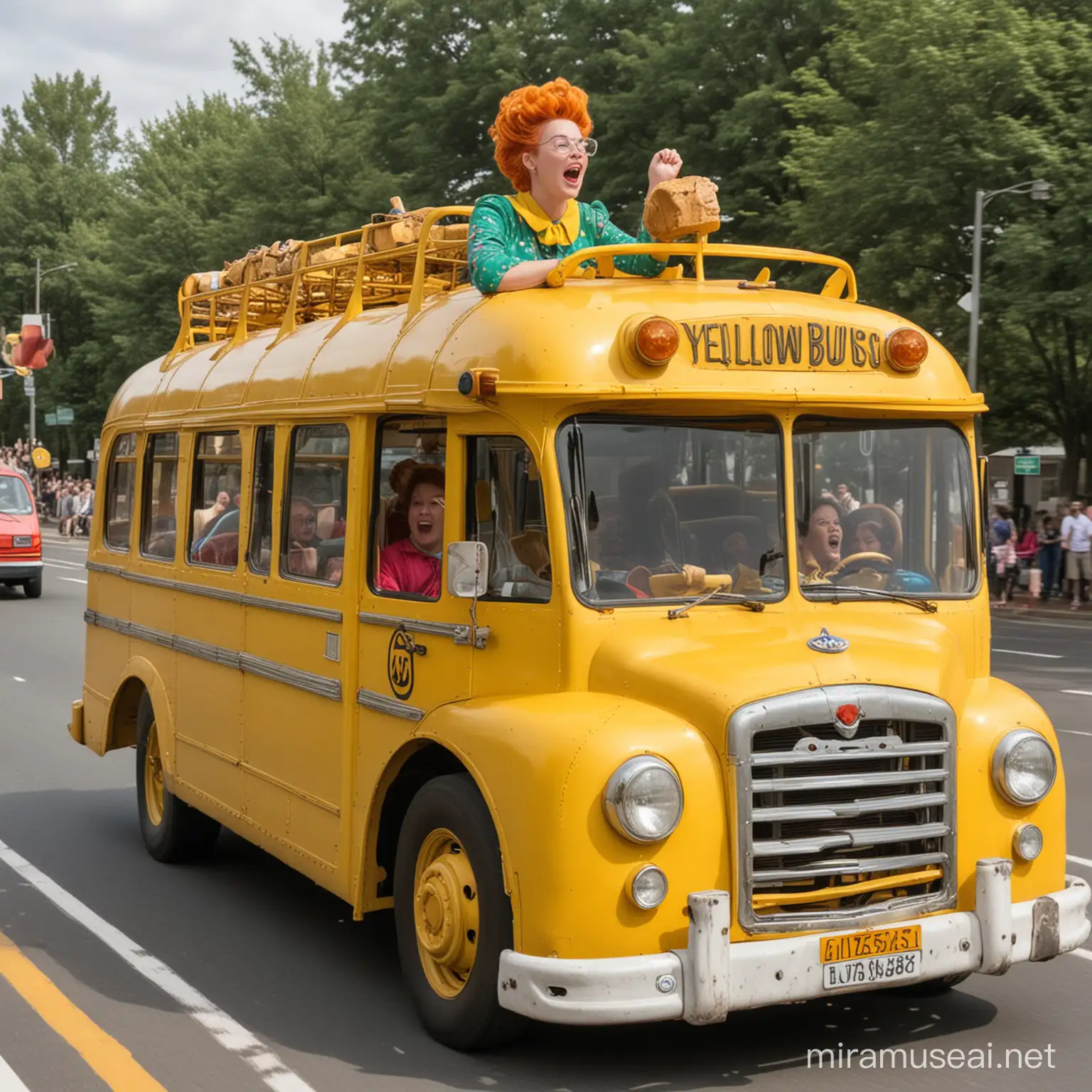 Ms Frizzle driving a huge yellow bus