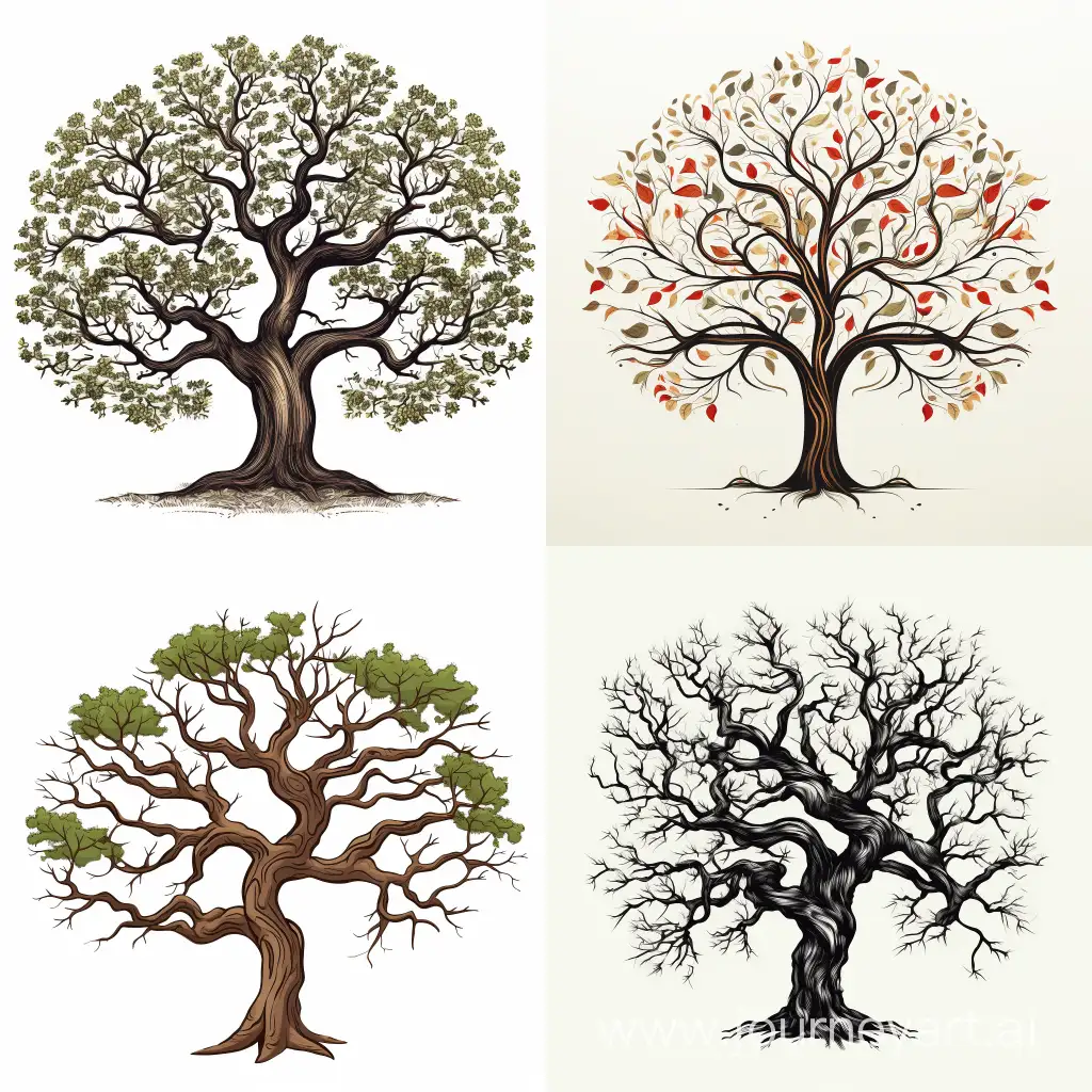 tree, clip artwork, hand drawing style, white background, vector format, illustrated, head-on view