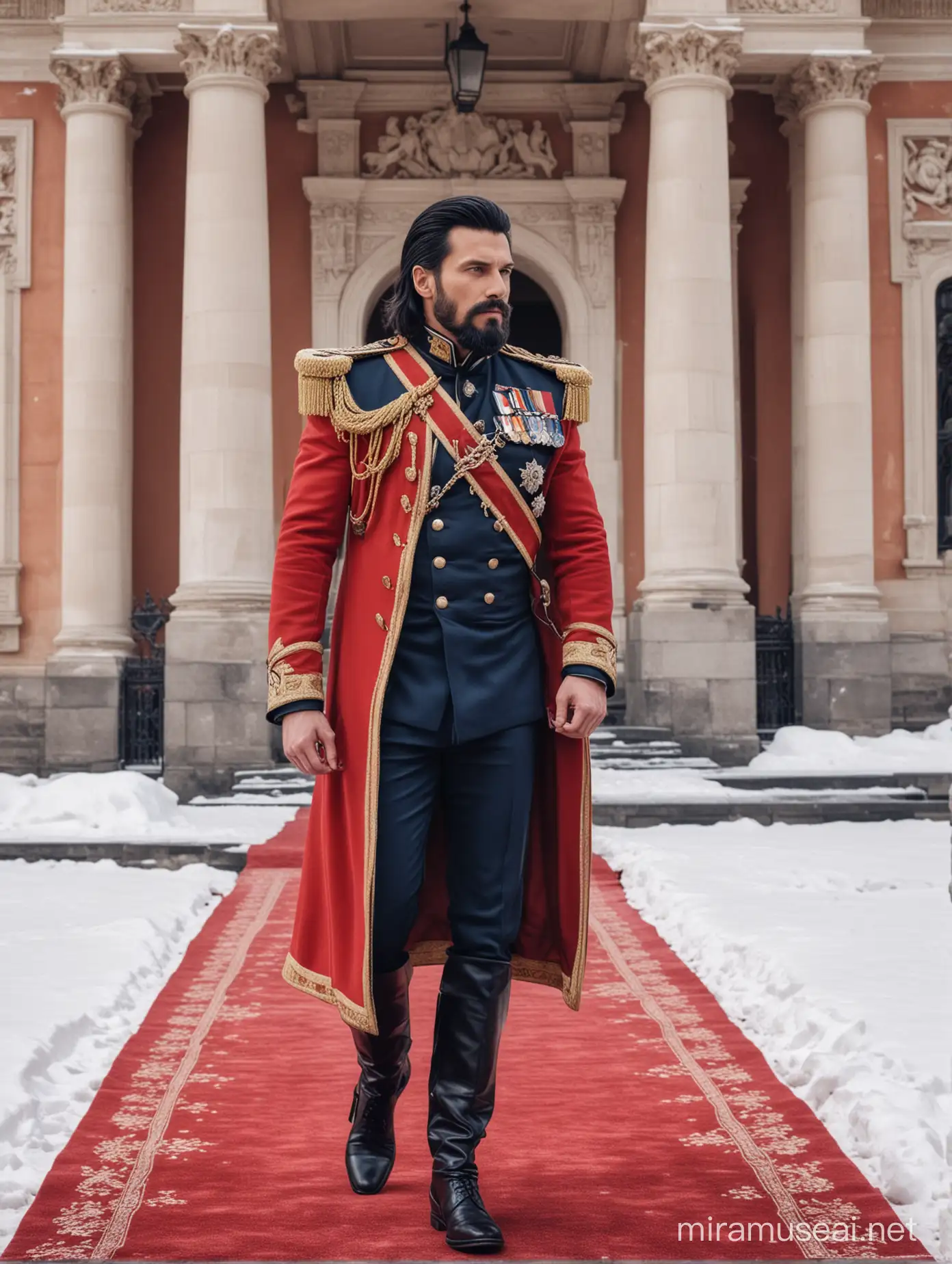 Tall and handsome muscular king with beautiful black hairstyle and beard with attractive eyes and Big wide shoulder in Navy cavalry suit with Coat walking out on red carpet outside snowy palace