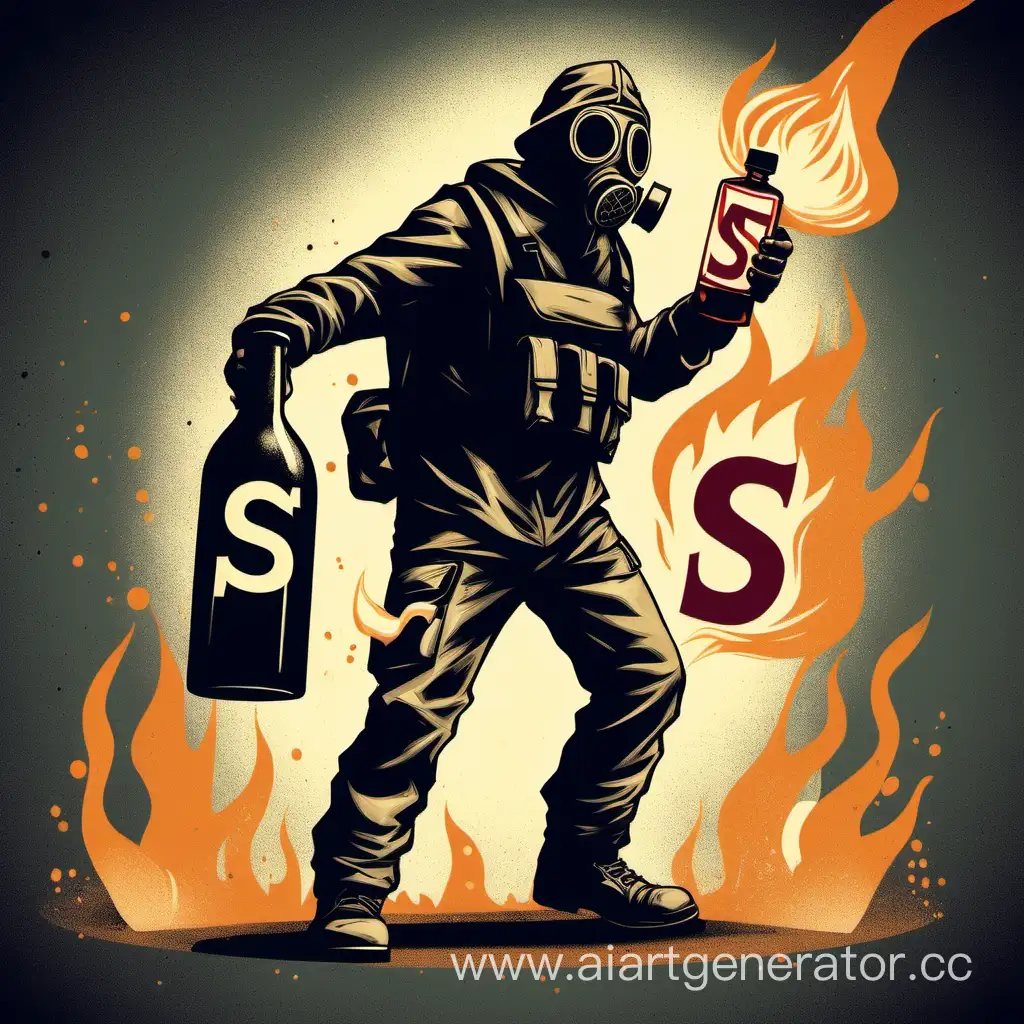 Rebellious-Figure-in-Gas-Mask-Throws-FS-Molotov-Cocktail