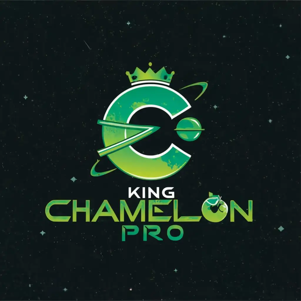 a logo design,with the text "King Chameleon pro", main symbol: a streaming production called king chameleon pro with one cool  LETTER C  and a  crown over it and every o is a bomb   then in the background a green galaxy with stars and under the big c it says King Chameleon pro   ,Moderate,be used in Entertainment industry,clear background