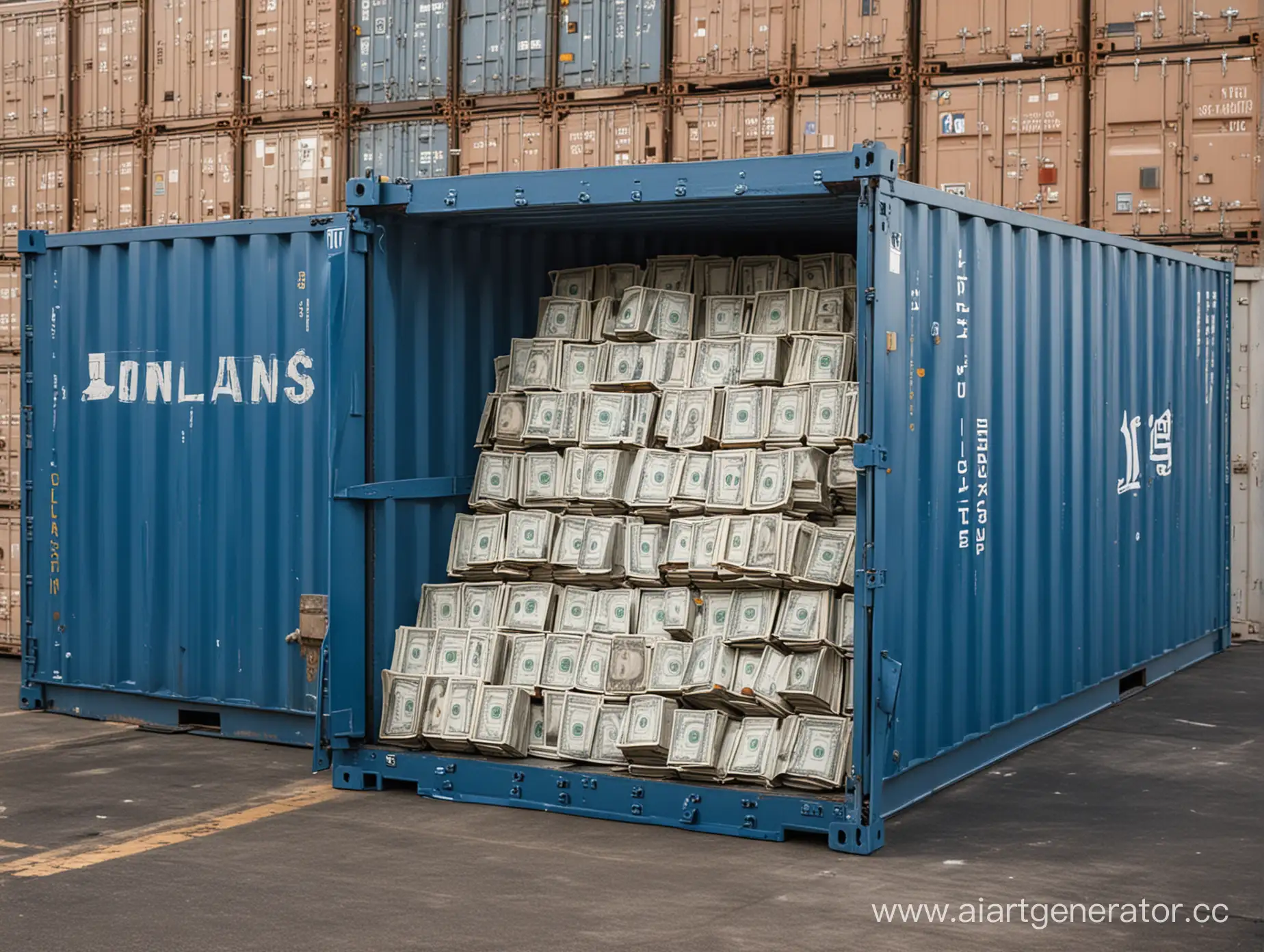 Большой синий морской контейнер в грузовом порту полностью заполненный долларами